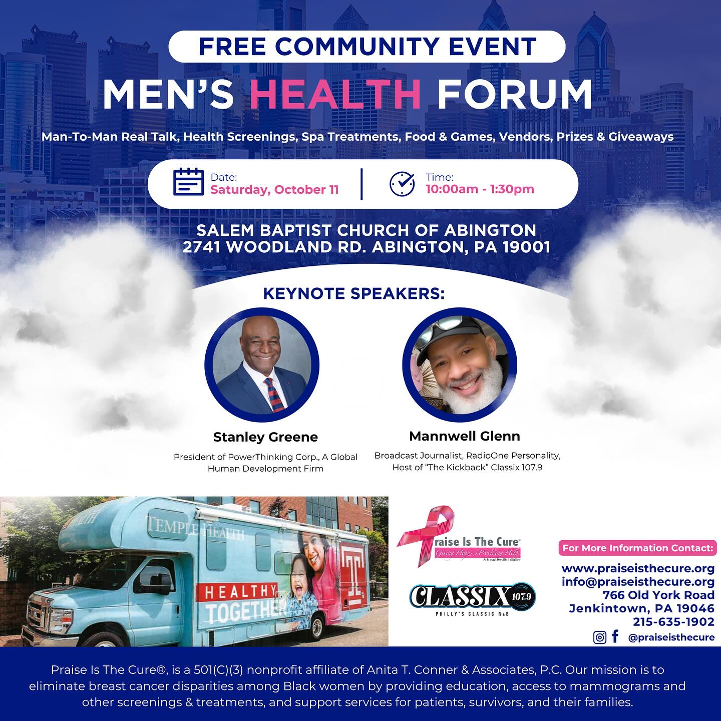 💪🏾 Men’s Health Matters! Join us for a FREE Community Men’s Health Forum, where real talk meets real care.
🗓 Saturday, October 11
⏰ 10:00 AM – 1:30 PM
📍 Salem Baptist Church of Abington
2741 Woodland Rd, Abington, PA
Enjoy health screenings, spa treatments, food, games, vendors, prizes, giveaways, and more!
🎙 Keynote Speakers:
Stanley Greene, President of PowerThinking Corp @stanleyhgreene
Mannwell Glenn, Broadcast Journalist & Host of The Kickback on Classix 107.9 @mannwellglenn @classixphilly
#MensHealth #CommunityWellness #PraiseIsTheCure #ThisMustStop #HealthAwareness #AbingtonPA #FreeEvent #BlackMenAndHealth #SelfCareForMen #HealthyTogether