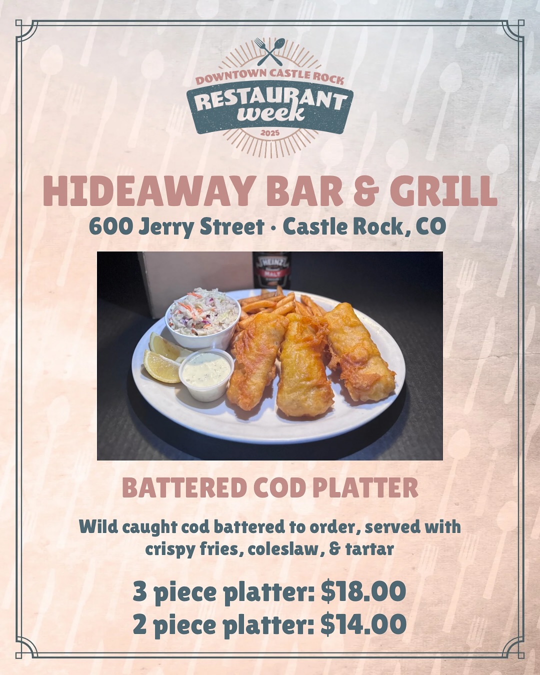 As our restaurants put final touches on their offerings, we have one final round of specialty plates to show off ahead of Restaurant Week (which starts - *checks watch* - TOMORROW 🤩)
🐟 Hideaway Bar & Grill - Battered Cod Platter
🍔 Gluttony & Graze - Reuben Burger
🍝 Angie’s Restaurant - Trio di Castle Rock
🍅 Granelli’s Pizzeria - Granelli’s Pichada
🇩🇪 Union American Bistro - Breaded Pork Schnitzel
🍓 Playa Bowls - Castle Rock Bowl
🥃 Sinners & Saints - Sorry Folks, Park’s Closed!
🚗 Another round of thanks to our Restaurant Week sponsor, Castle Rock Autoplex!
🚙 @castlerockchevygmc @castlerockford @castlerockcdjr