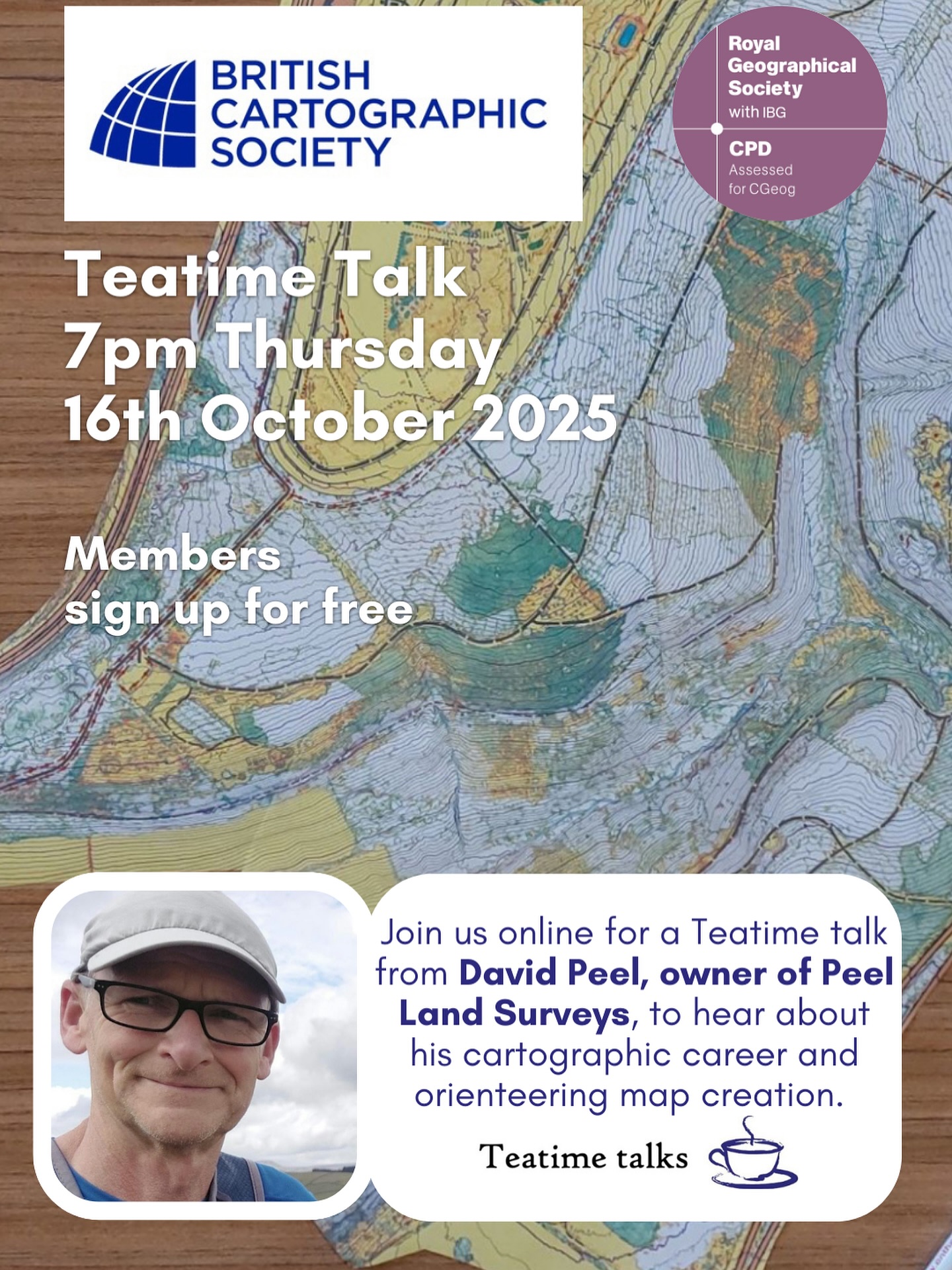 Mark your diary and join us for October’s online Teatime Talk for members.
Join us for “Producing an Orienteering Map” with speaker - David Peel
Date: 16 October 2025
Time: 6:45 PM for 7 PM start, London
See link in bio to become a member or your emails for the Eventbrite link https://lnkd.in/eGVnqV5