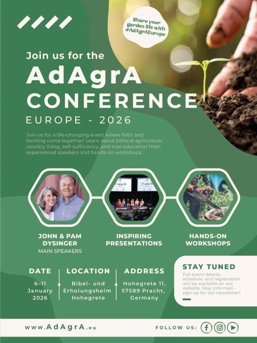🌱✨ Registration is OPEN for AdAgrA Conference Europe 2026! ✨🌱
Don’t miss this life-changing event where faith and farming come together. Learn about biblical agriculture, country living, self-sufficiency, and true education through inspiring presentations and hands-on workshops.
🎟️ Early Bird Registration: only €35
👉 Ends 27 October 2025
🏡 Lodging & meal prices (set directly by Hohegrete): AdAgrA.eu/lodgingandmeal
👩🏫 Speakers, lectures & workshops: AdAgrA.eu/speakers
✅ Registration info: AdAgrA.eu/registration
📅 6–11 January 2026
📍 Bibel- und Erholungsheim Hohegrete, Germany
Register now and secure your spot! 💚
#adagra2026 #adagra #agriculture #gardening #countryliving #sda