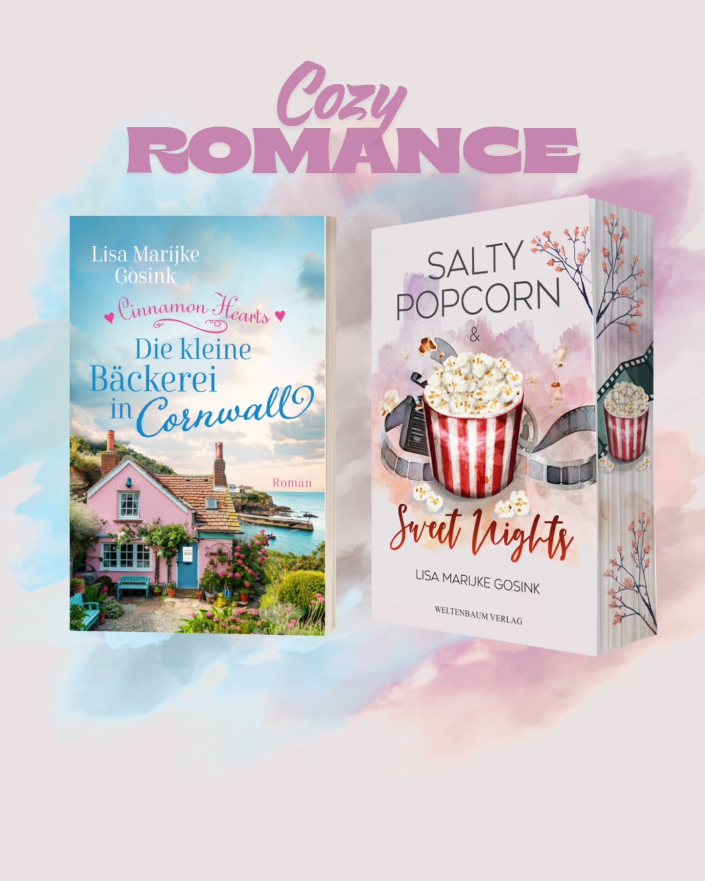 Ich finde ja, die beiden sehen wunderschön nebeinander aus. 🥰
Klappentext salty popcorn & sweet nights:
Das was wirklich zählt, liegt manchmal jenseits der Oberfläche unserer Ambitionen.
Für Hannah ist das Studium in Amsterdam der große Traum, bis sie merkt, dass sie der Nebenjob im Kino glücklicher macht, als es Lehrbücher oder Vorlesungen je könnten.
Dylan, der Besitzer des kleinen, an den malerischen Kanälen gelegenen Programmkinos, hat derweil mit einer schwindenden Zahl von Besuchern zu kämpfen. Die zunehmende Anziehungskraft konkurrierender Kinos macht es ihm schwer, seinen geliebten Cosmos Palace über Wasser zu halten.
Gemeinsam tüfteln sie an einem Plan für die Rettung des Kinos.
Vor der Kulisse gruseliger Horrorfilme, dem verlockenden Duft von frischem Popcorn und dem Nervenkitzel von Halloween-Partys beginnt Hannah zu erkennen, dass ihre Mission weit über das Kino hinausgeht.
Eine herzerwärmende Geschichte und die Erkenntnis, dass eine gemeinsame Leidenschaft die Macht hat, Leben zu berühren, Schicksale zu formen und ein dauerhaftes Vermächtnis zu schaffen, das weit über die Leinwand hinausreicht.
Klappentext Cinnamon Hearts:
Liebe, Flüstern und Zuckergebäck: Willkommen in der West View Lane.
Die schüchterne Willow zaubert leidenschaftlich gern Kuchen und Croissants in der »Sweet Tooth Bakery« auf der malerischen Ladenstraße West View Lane. Doch das verschlafene Hafenstädtchen Pinecrest wird schlagartig wach, als ihr Kindheitsschwarm Charlie aus London zurückkehrt. Lange Zeit hat er sich nicht blicken lassen - immerhin soll er die junge Layla und ihren Süßigkeitenladen in den Ruin getrieben haben. Ein paar Missverständnisse, Zufälle und eine kleine Notlüge später findet Willow sich mitten in der brodelnden Gerüchteküche wieder: Sie und Charlie sollen ein Paar sein! Kann sie diese Gelegenheit nutzen, um Charlie mit seiner Heimat zu versöhnen? Sollte sie sich von ihm fernhalten? Nur eines weiß Willow sicher: Noch immer lässt Charlies Lächeln für sie die Sonne aufgehen...