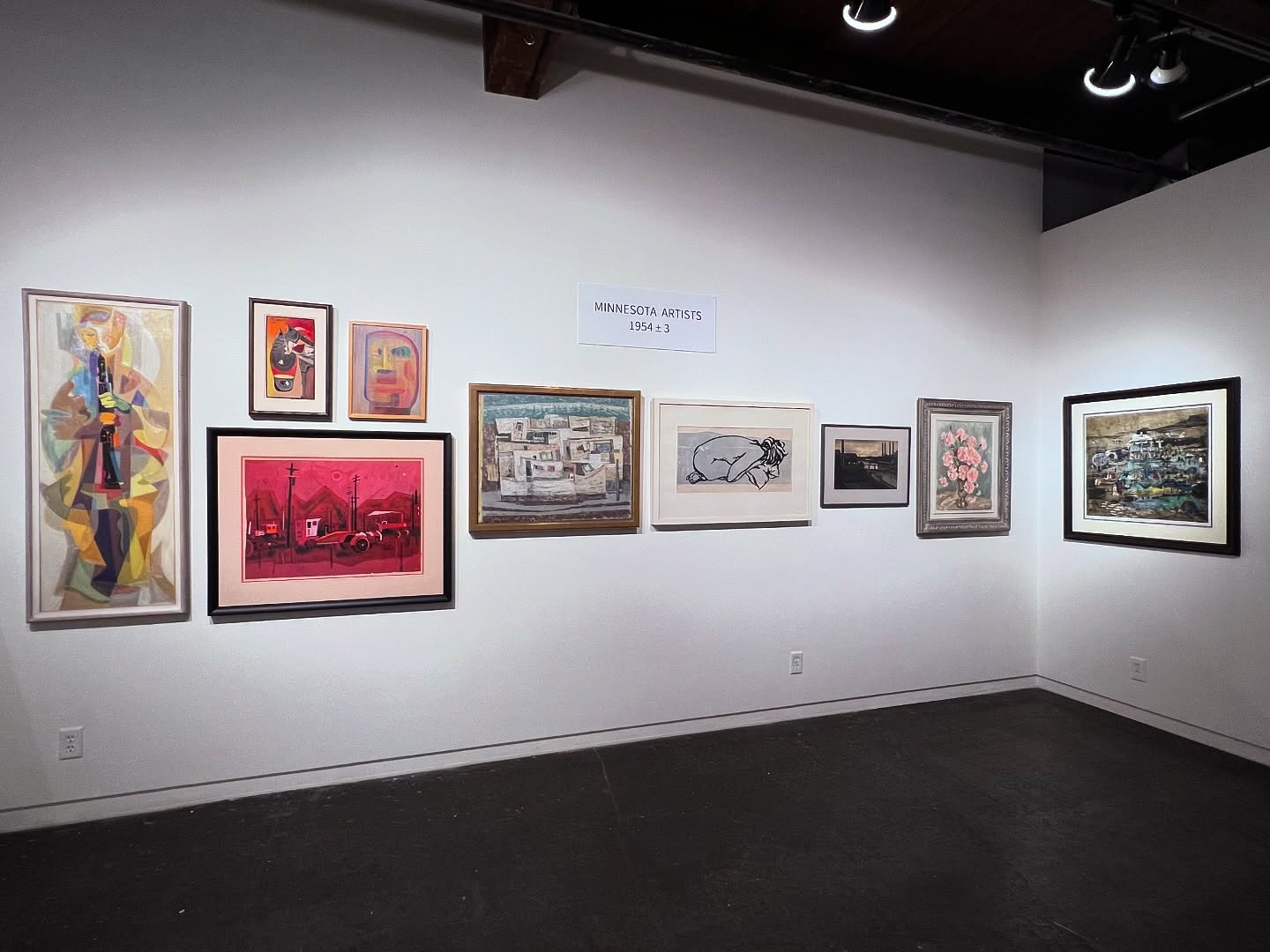 Collect Call opens next Saturday October 18th 6-9pm!!! In the meantime we’ll be highlighting some of the walls. Tom Arneson is interested in the lives of Minnesota artists over the past century (including current artists!) and the art scene in Minnesota over the decades. His art collection reflects these interests.
The 1950s were a dynamic time for Minnesota art. The Second World War was over, and many veterans took advantage of the GI Bill to pursue art studies. Art programs in Minnesota expanded and added faculty, some of whom became highly renowned over time. The University of Minnesota added Raymond Parker (1946), Walter Quirt (1947), and Cameron Booth (1948), who returned to Minnesota after several years of teaching at the Art Students League in New York City. The Minneapolis Art School added Hugh Kappel (1958). An MFA program was established at the U of MN in 1950. The Grand Marais Art Colony was established in 1947 and, after a few years in Red Wing, was relocated to Grand Marais in 1952. The Walker, the Minneapolis Institute of Arts, and the St. Paul Gallery and School of Art developed art rental programs. The Tweed Museum of Art was established in 1950, and after eight years in the Tweed home, a new museum facility was constructed on the University of MN Duluth campus in 1958. In 1953, the St. Paul Gallery and School of Art initiated its famous fine craft biennial, “Fiber, Clay, Metal.” The Kilbride-Bradley Gallery was formed in 1951, becoming a mainstay of the Twin Cities art scene for decades. Art in Minnesota in the 1950s was, for the most part, brightly colored and at least partially abstract. Come by the show to learn more about the individual artists!!!