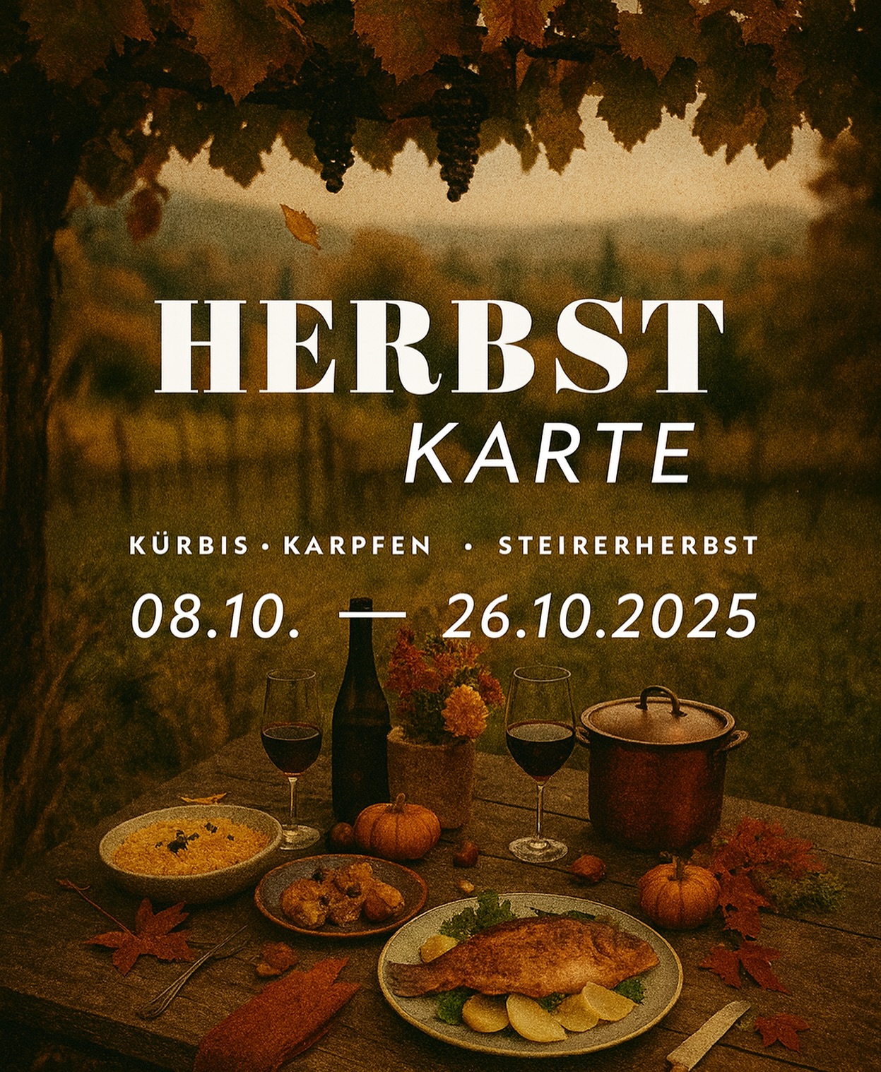 🍂 Herbstlich willkommen!
Die farbenfrohe Jahreszeit hält Einzug – und mit ihr unsere neue Karte.
Von feinen Kürbisgerichten über ein kreatives Karpfen-Trio bis hin zu kulinarischen Ausflügen in die steirische Küche - Unsere aktuelle Auswahl ist so vielfältig und aromatisch wie der Herbst selbst.
Jetzt entdecken – regional, saisonal und mit Leidenschaft serviert.