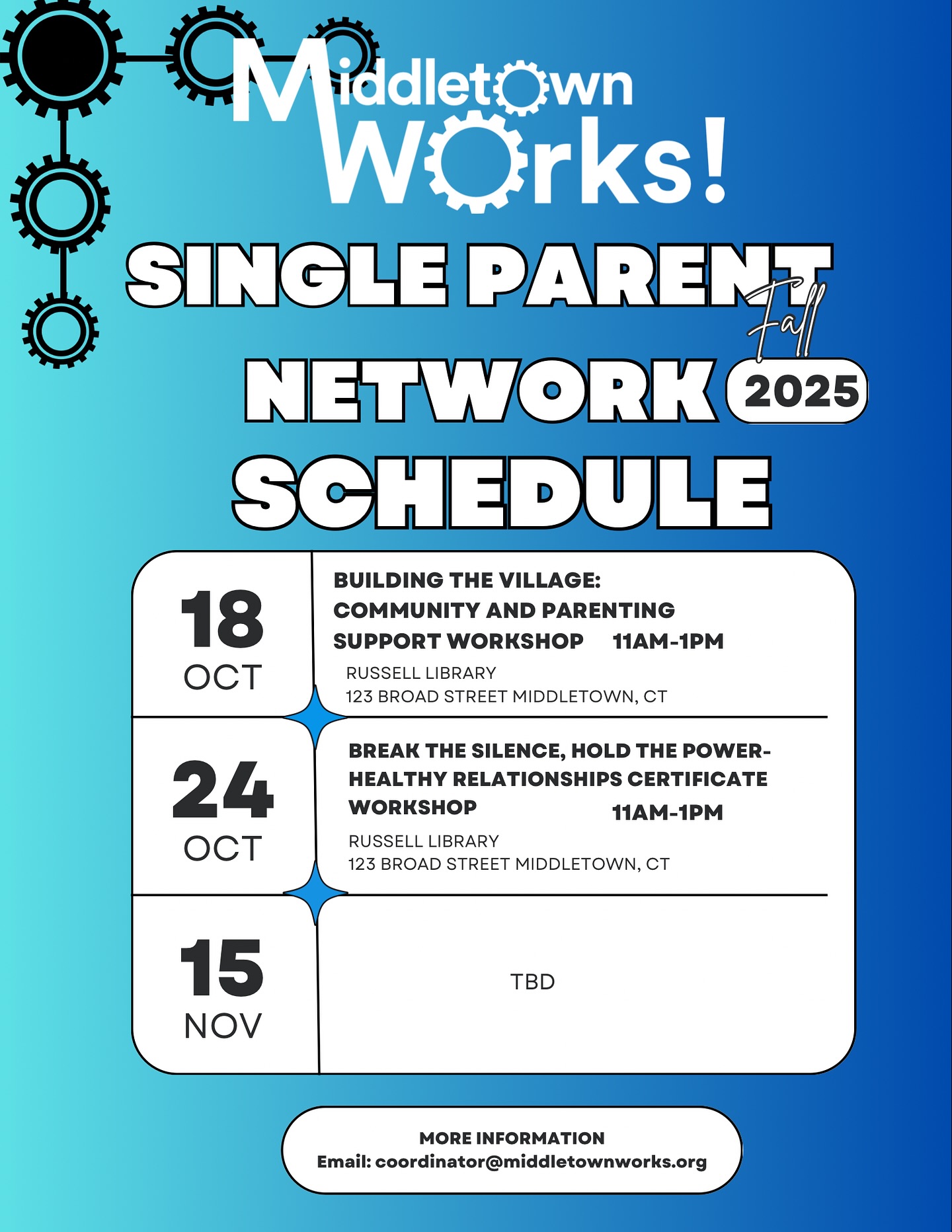 ‼️‼️ATTENTION‼️‼️
Save the Dates!!!
📣Calling all #Middletown, #Meriden, #NewBritain parents!!
Our #SingleParentNetwork is a Parent Support group that meets every 3rd Saturday of the month with facilitators discussing topics that impact our Single household families. This is 2-Generational focused. That means Moms, Dads, grandparents, Aunts/Uncles, Foster parents, Adoptive parents. This is for YOU!
Food and Childcare will be provided. Stay tuned for more details!!
Email:
coordinator@middletownworks.org for more info!
.
.
#WorkforceDevelopment #Education #Advocacy #SPN #ParentSupport #DomesticViolenceMonth #DVAM #MiddletownCT #CT