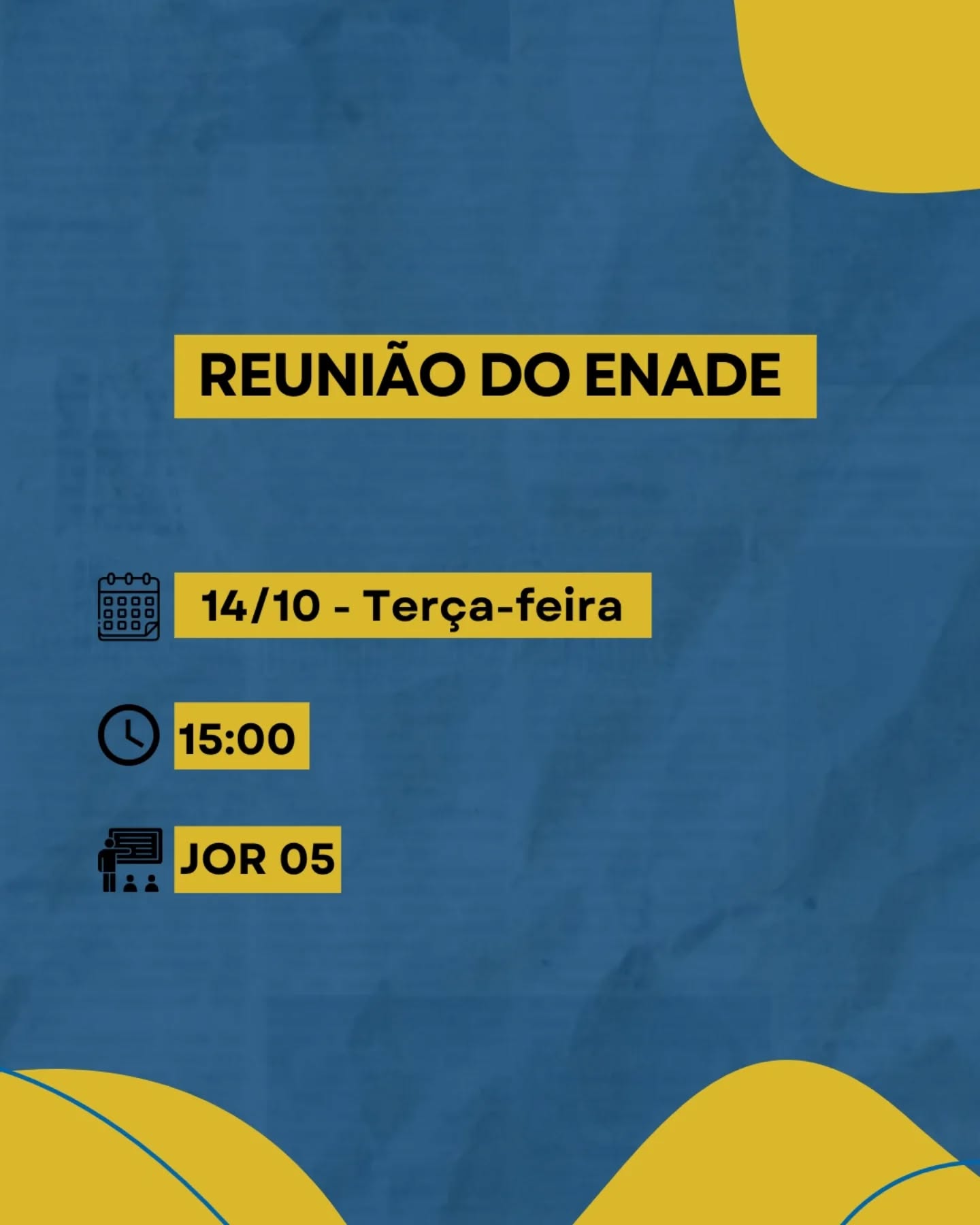 Atenção, estudante inscrito no ENADE! 🚨🚨🚨
No dia 14 de outubro, às 15h, na sala JOR-05, será realizada a reunião da coordenação do Curso com os estudantes que realizarão a prova do ENADE.
É imprescindível a participação de todas e todos para tirar dúvidas sobre a prova. Nos vemos lá!