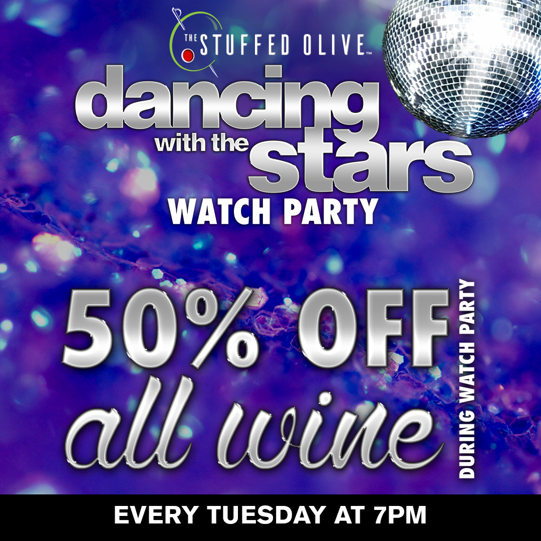 It’s Tuesday, and you know what that means! Dancing With The Stars watch party at @thestuffedoliveomaha! 💃🍷 Enjoy 50% off all wine during the show!