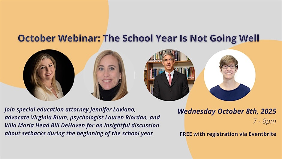 Is the school year already wobbling? You’re not alone.
Join @spedlegalfund for a FREE webinar:
The School Year Is Not Going Well: What Should I Do?
Wednesday, October 8 - 7:00–8:00 PM ET
🔗 in bio to register for FREE
Hear practical strategies from an expert panel:
• Jennifer Laviano, Special Education Attorney
• Virginia Blum, Special Education Advocate
• Lauren Riordan, Psychologist
• Bill DeHaven, Head of School, Villa Maria
What will be covered:
• Early-year warning signs and what to do this week
• Partnering with your child’s IEP/504 team to get supports in place
• Behavior & executive-function “resets” at home and school
• When to consider evaluations, accommodations, and legal advocacy
Come with questions and leave with a clear game plan to turn the year around.
#SpecialEducation #IEP #504Plan #Parenting #BackToSchool #Neurodiversity #Education #webinár