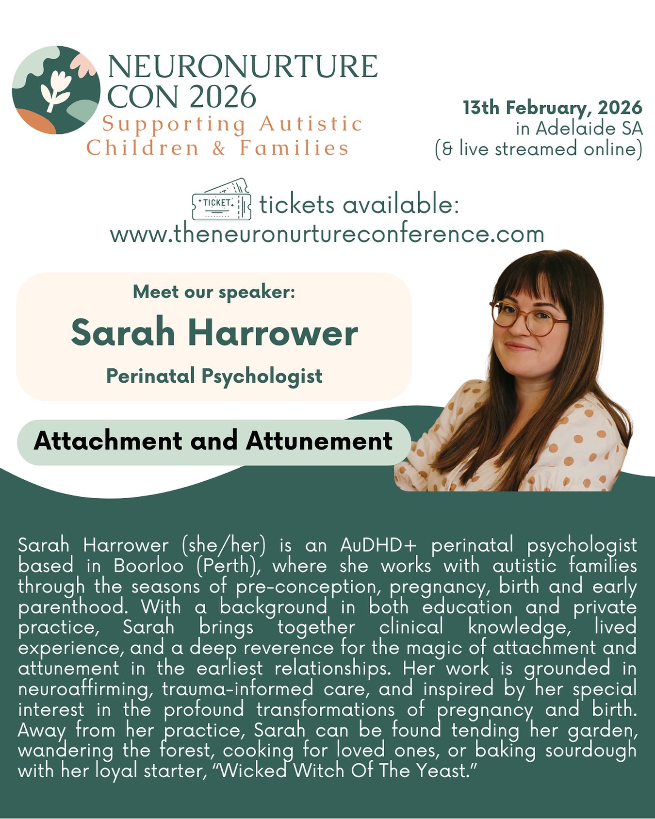 Excited to be speaking at @theneuronurtureconference 2026 in Adelaide on February 13th about attachment and attunement in autistic babies and families.
This talk brings together research, lived experience, and a neurodiversity-affirming approach to early relationships, because attachment doesn’t look the same for every baby.
There’s been increasing pressure around “fixing” autistic communication styles in infants through state programs. But what does the research say? What do autistic families and adults tell us? And how do we support secure, authentic connections without trying to change who our babies are?
I’ll be exploring these questions and what we currently know (and what we still need to learn) about autistic babies, bonding, and building relationships that honour neurodiversity from day one.
If you’re a parent, educator, or professional supporting autistic families in the early years, this one’s for you. Tickets available at www.theneuronurtureconference.com (in-person in Adelaide or live streamed online).
#AutisticChildren #AttachmentMatters #Neurodiversity #PerinatialPsychology #AutisticFamilies #EarlyParenthood #NeurodiversityAffirming