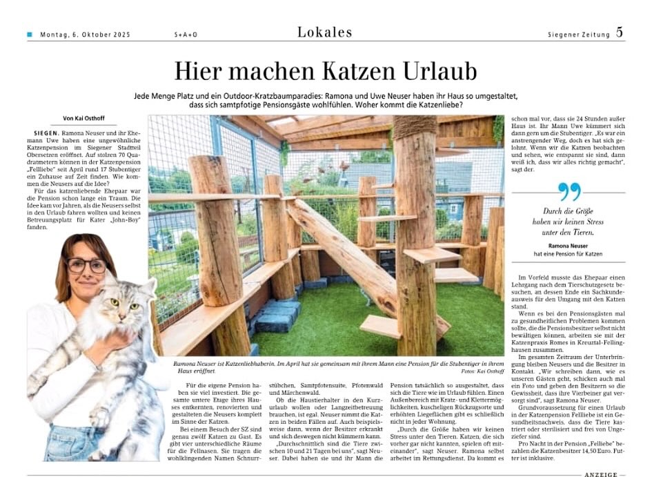 🐾 Hier machen Katzen Urlaub! 🐾
Was als kleiner Traum begann, ist heute unsere Herzenssache geworden ♥️
In unserer Katzenpension FellLIEBE in Siegen-Obersetzen finden Samtpfoten ein liebevolles Zuhause auf Zeit – mit viel Platz, kuscheligen Ruheplätzen und einem großen Outdoor-Kratzbaumparadies zum Toben und Beobachten 🌿🐱
Ob während eures Urlaubs, einer Kur oder eines Wochenendtrips – wir sorgen dafür, dass sich eure Stubentiger rundum wohlfühlen.
Denn jede Katze ist einzigartig – und genau das macht unsere Arbeit so besonders 💕
Ein großes Dankeschön an die Siegener Zeitung & Kai Osthoff für den schönen Artikel über unser Katzenparadies! 📰
📍 Katzenpension FellLIEBE – Siegen-Obersetzen
📆 Betreuung rund ums Jahr
.
.
.
.
#katzenpension #fellliebe #katzenurlaub #katzenliebe #siegen #tierpension #katzenbetreuung #haustierliebe #katzenfreunde #katzenparadies #samtpfoten