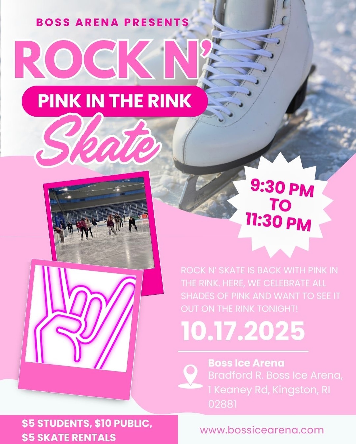 Join us at Boss Ice Arena Friday, October 17th for a Pink in the Rink Rock N Skate💗!! Wear your pink apparel in honor of Breast Cancer Awareness Month.