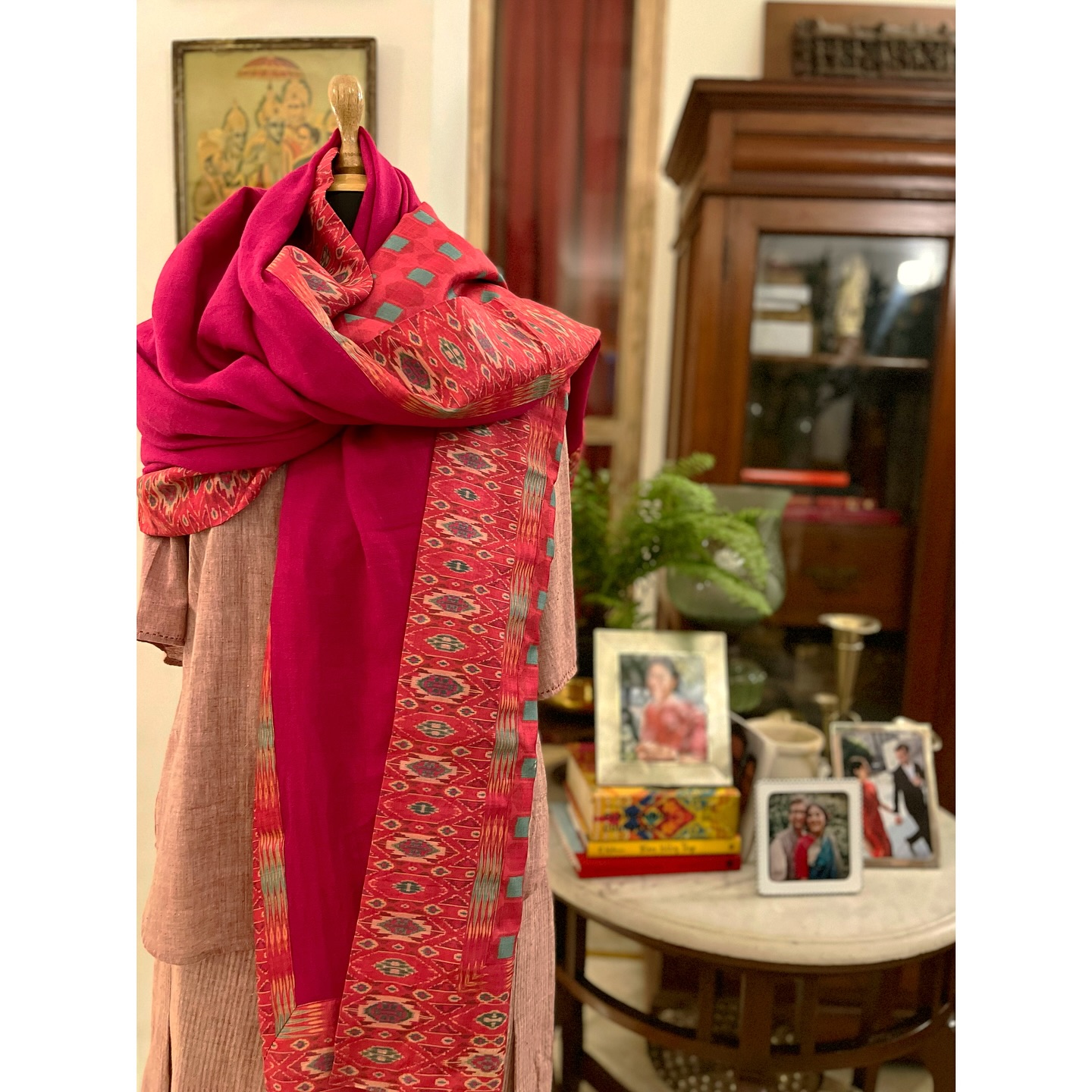 Fall in love in our Jaipur Silk & Wool Shawl ~ Elegance meets warmth with geometrics and ikat in fuchsia pink with a dash of turquoise.
Designed for festive evenings of friendship, intimacy, and togetherness.
Digitally printed with one of our favourite patterns on handspun and handwoven tussar silk and backed by chasmebulbul pure wool - can be worn both ways.
.
.
.
#bespokeclothing #festiveedit #limitedcollection #oneofakindclothing #giftsforher #diwaliedit #delhifashionblogger #shopslow #shopsmall #wintercapsule #smallbusiness #smallbusinessindia #vocalforlocal #supportindiandesigners #woolshawl #heritageclothing #museumclothing #trousseau