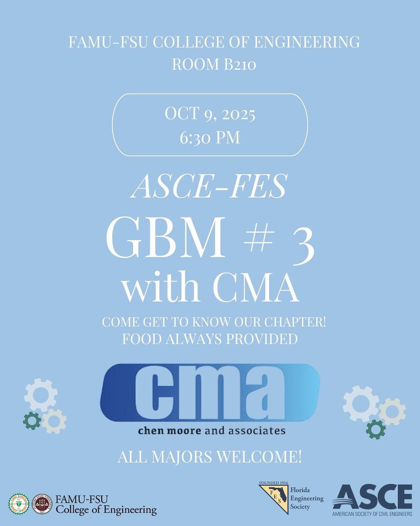 WHO’S EXCITED FOR GBM #3 WITH CMA???!! Come join us on Thursday, October 9th at 6:30 pm in Room B210 for a riveting presentation from Chen Moore & Associates (CMA) and some free food!
We can’t wait to see you there! 🔩🍽️🎤