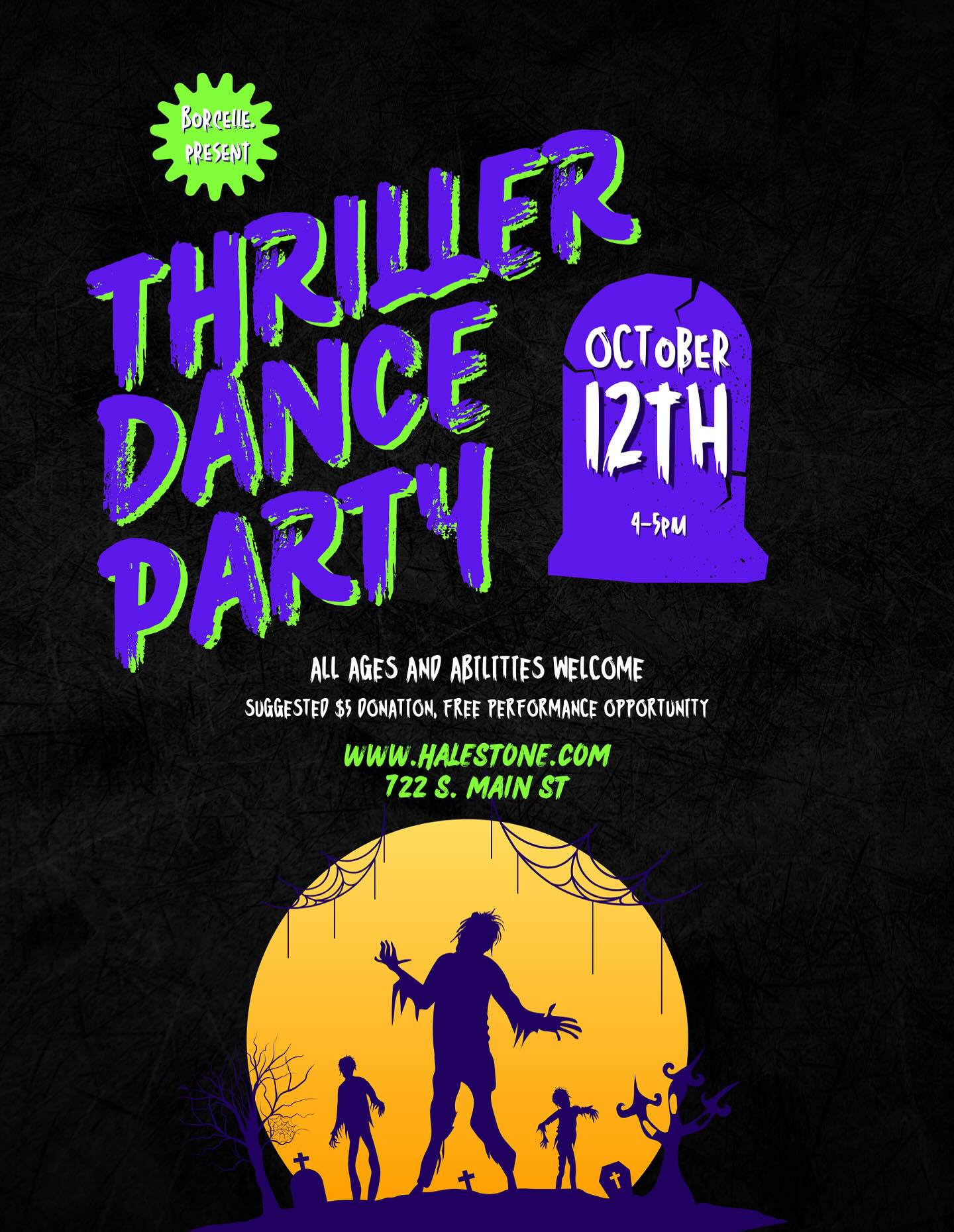 Have you always wanted to learn the iconic Michael Jackson Thriller dance? Have you always wanted to perform in front of a crowd? Come to our Thriller Dance Party on October 12th from 4-5 pm at Halestone studio to learn more. Otherwise, we’re keeping our lips sealed about the details. Open to zombies of all abilities and ages! 🧟🧟♀️🧟♂️