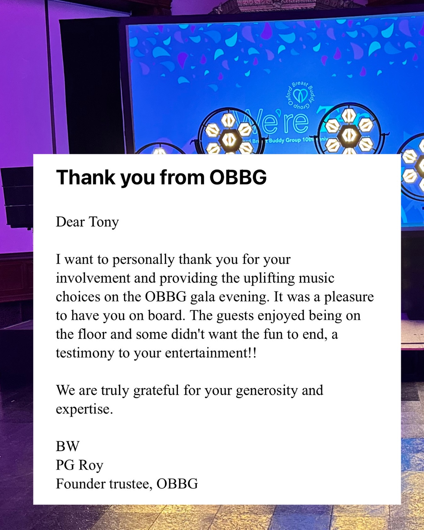It’s Wednesday and this dropped into my inbox. Feedback from last Saturday’s set for the Oxford Breast Buddy Group, a wonder team who support those going through Breast Cancer treatment. It was a lively set for a group of lovely people. The production from the wonders @tec_oxford and the hospitality service from @oxfordfinedining were on another level as per usual. Dream Team ❤️ and much love to Joanne Fisher who put this together 🙌🙌🙌 #djlife #oxford