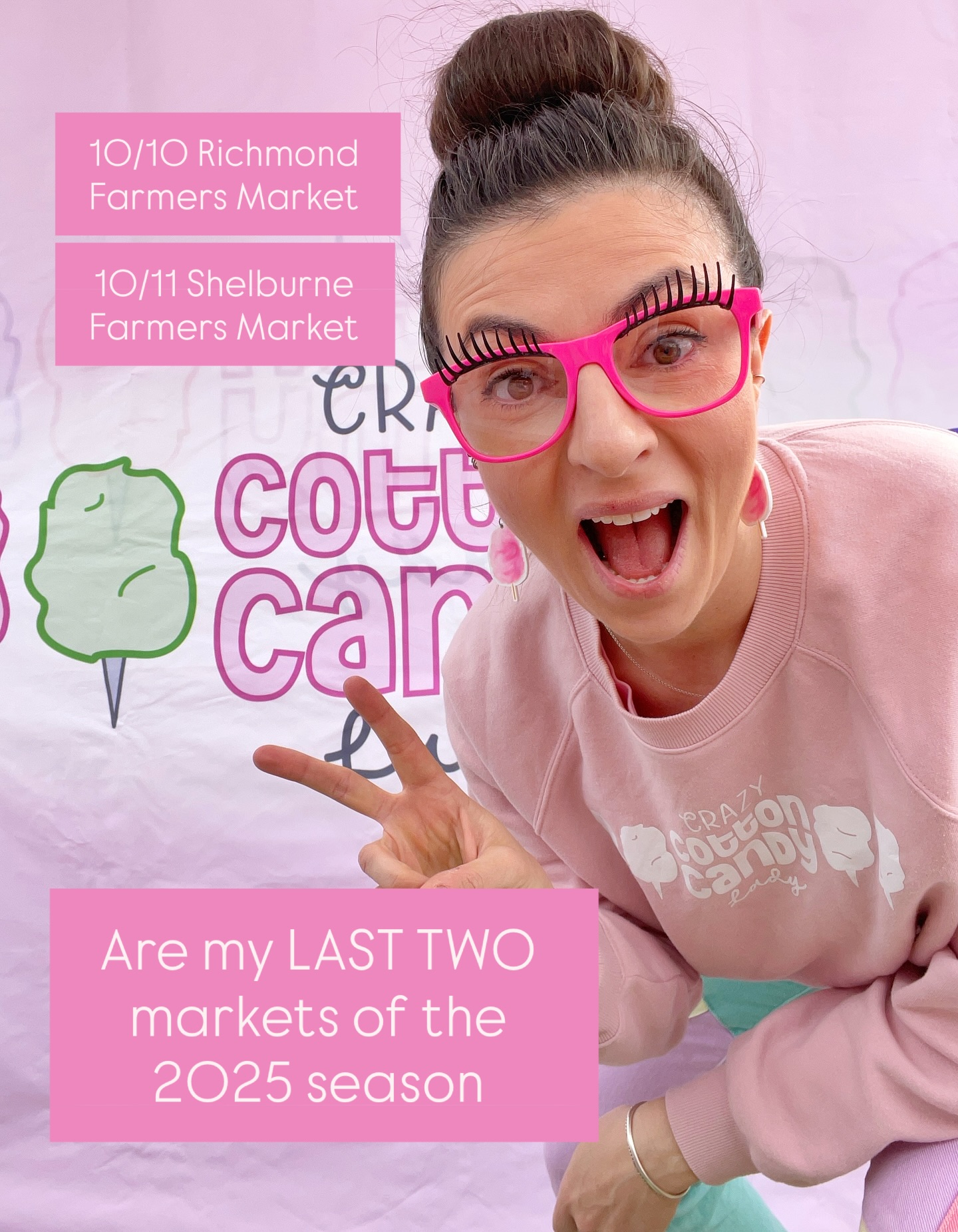 🚨Last TWO markets of the season for the @crazycottoncandylady
10/10 Friday from 3pm to 6:30pm
@richmond_farmers_market
10/11 Saturday from 9am to 1pm
@shelburnefarmersmarket
This is the last week of my farmers market season but the real last two markets are 10/17 and 10/18, but I won’t be there.
THANK YOU all for an amazing season and I will keep you posted on upcoming events such as the Halloween 🎃 Parade 10/26 with my @shelburnefarmersmarket family 🩷 then @goodtrademakersmarket December 6 & 7