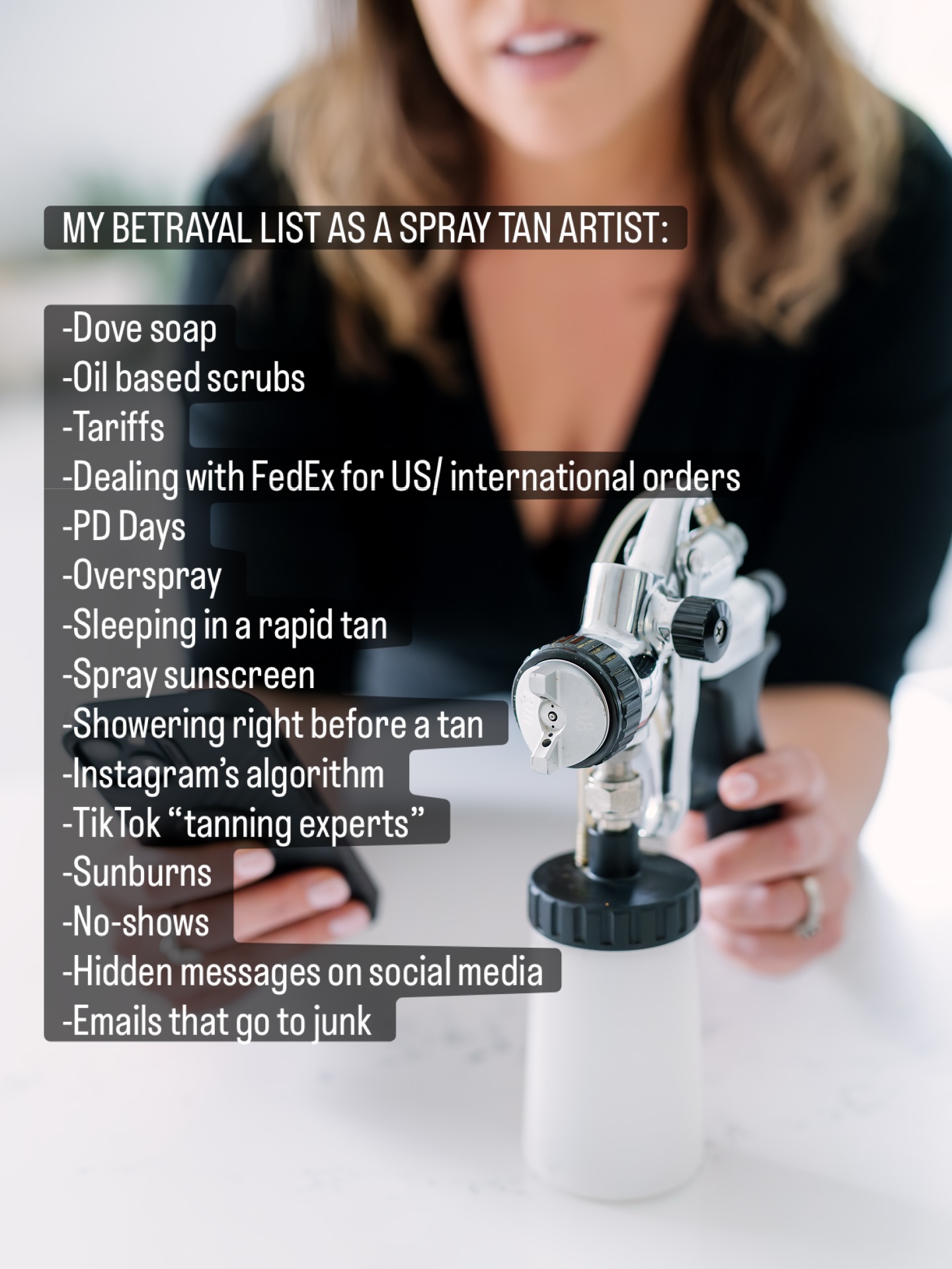 My betrayal list over the last 10 years as spray tan artist ✌🏼Wouldn’t change this job for the world though 🥰
📸: @juliecameronphotography
