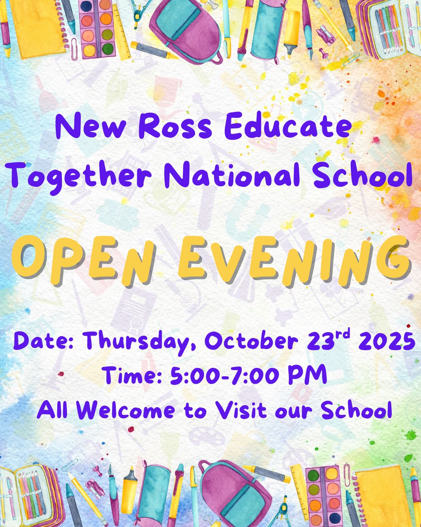 We’re opening our doors! 💫
Come along to our Open Evening on Thursday 23rd October, 5–7 PM and experience the community of New Ross ETNS.
Meet our staff, explore our classrooms, and see what learning looks like in our school community. 💚
#NewRossETNS #OpenEvening #TogetherWeLearn