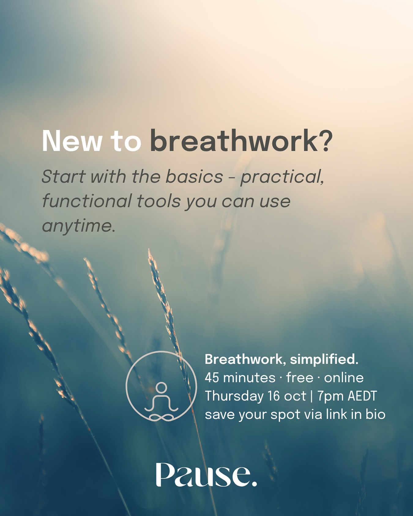 New to breathwork? Start with the basics.
Join Julie for a free 45-minute online introduction to functional breathwork - simple, science-backed tools you can use anytime to reset your body and calm your mind.
Together you’ll explore the BOLT test, learn gentle breathing techniques, and finish with a guided practice to restore focus and ease.
Perfect for beginners...no experience needed.
📅 Thursday 16 October
🕖 7pm AEDT | Online | Free to join
Save your spot via the link in bio.
#pausecollective #breathwork #breathworkmelbourne #breathworksession #functionalbreathwork #functionalbreathing #breathworksimplified #onlinecoaching #breathworkbasics #breathworkinstructor #breathworkfacilitator #breathworkhealing #mindfulliving