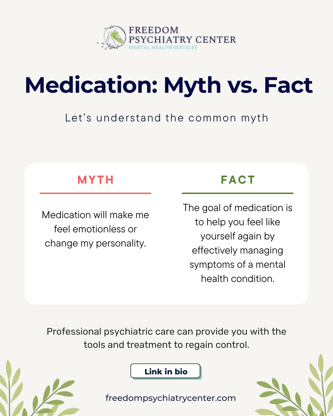 A common fear when considering psychiatric care is that medication will alter your personality. This is a myth. The goal of medication management is to balance brain chemistry, helping to reduce symptoms so you can feel more like yourself, not less. It's a tool to help you get back to a place of wellness and control.
#MentalHealthMyths #MedicationManagement #Psychiatry #EndTheStigma #FreedomPsychiatry #MentalHealthSupport #ItsOkayToGetHelp #AZMentalHealth