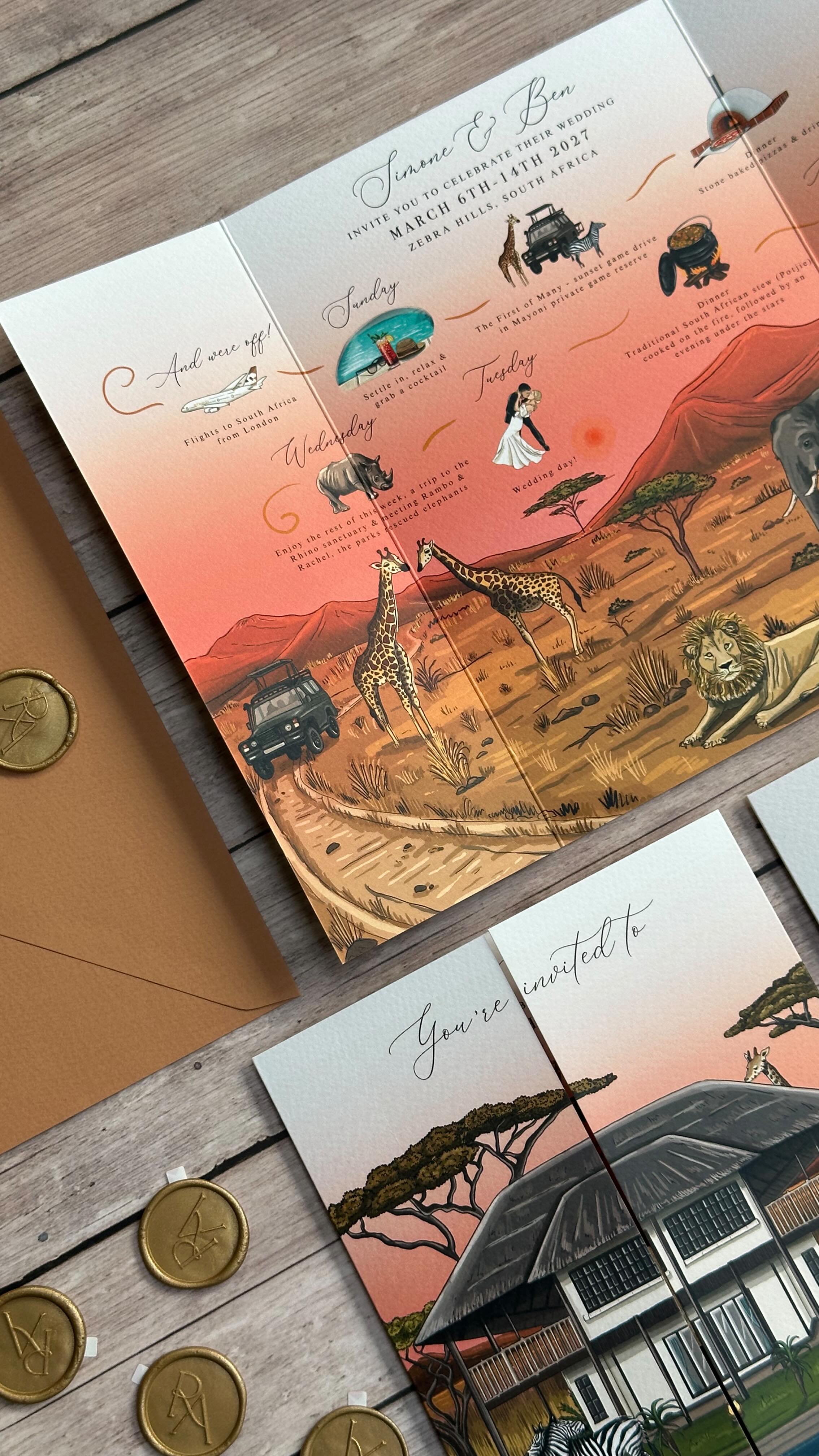 The most beautiful safari themed wedding invitations ever 🦒🐘🦁🦓
This entire suite encompasses the stunning @zebrahills in South Africa with all of the safari animals throughout the suite ✨ From the illustrated timeline to the finer details, each card is uniquely designed for your special day!
•
#safariwedding #safariweddinginvitation #southafricawedding #zebrahills #safarianimals #saweddings #safarithemewedding #illustation #safariillustration