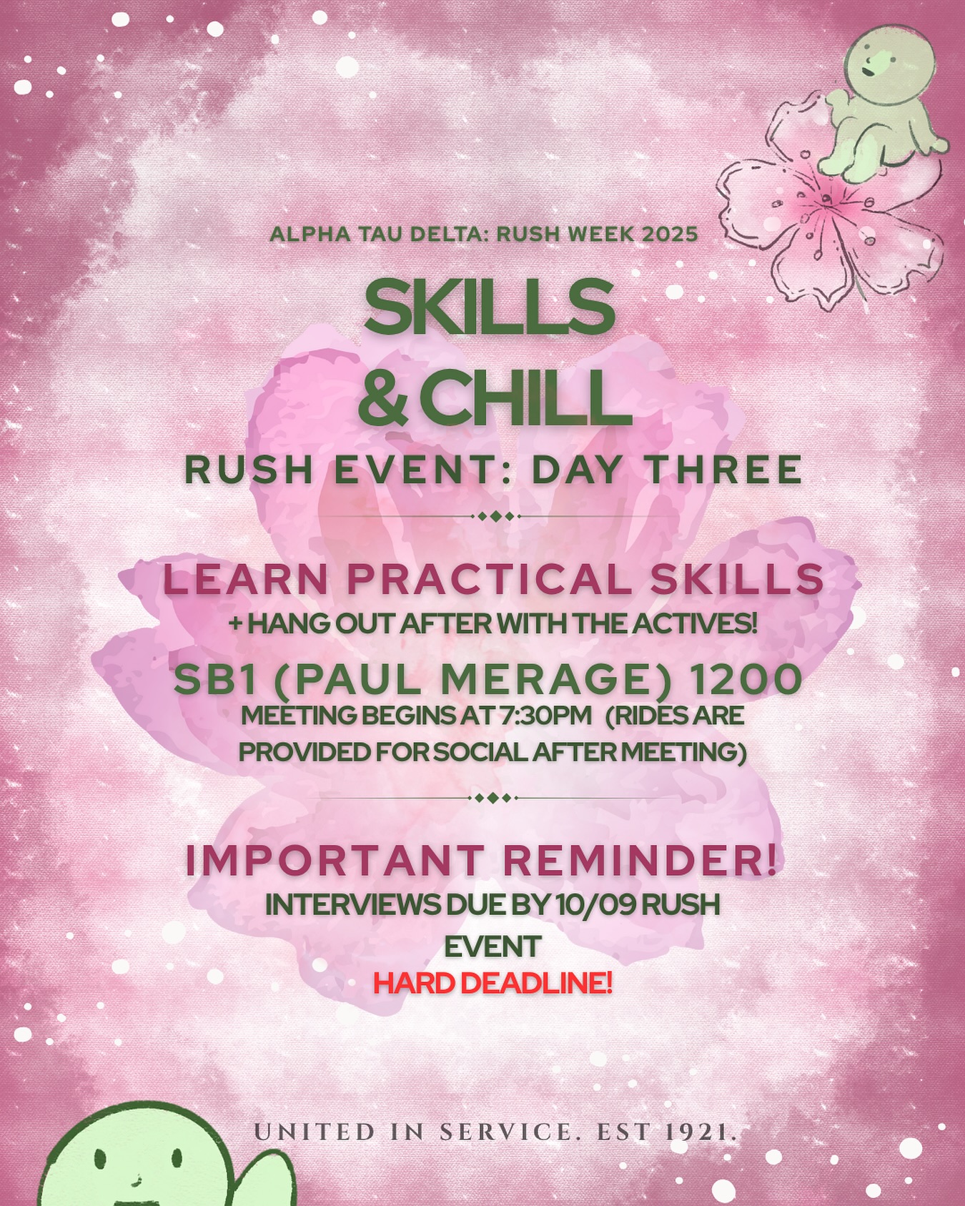 RUSH DAY 3: SKILLS & CHILL! ✨
Come learn practical nursing skills that’ll actually come in handy for your future 🩺 , then hang out and relax with the actives after!
📍SB1 (Paul Merage - School of Business) 1200
🕢 Meeting starts at 7:30PM — rides are provided for the after social!
‼️ Important reminder: Interviews are due by 10/09 — hard deadline!