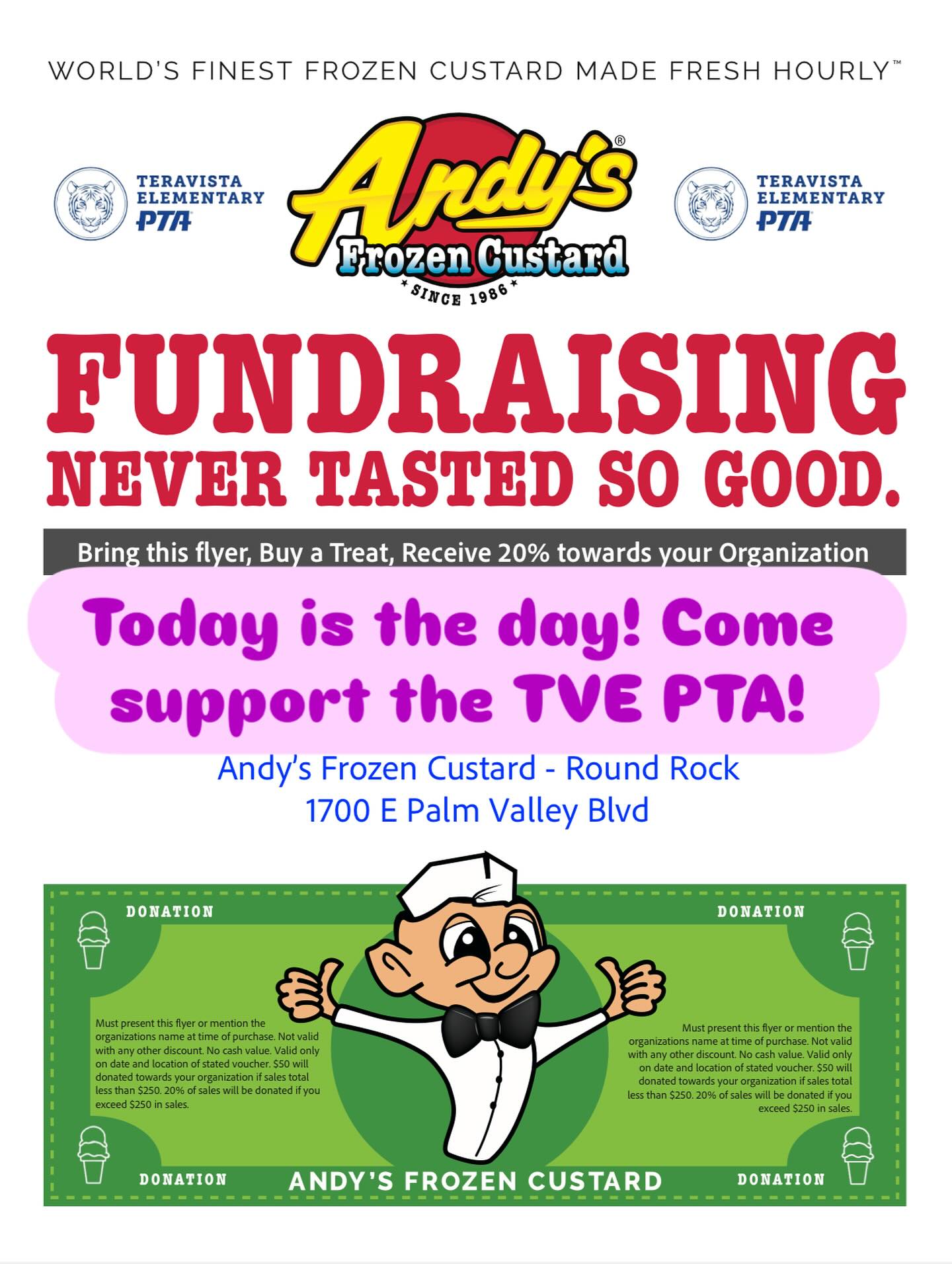 Today is the day! Come support the TVE PTA!
3:00-9:00