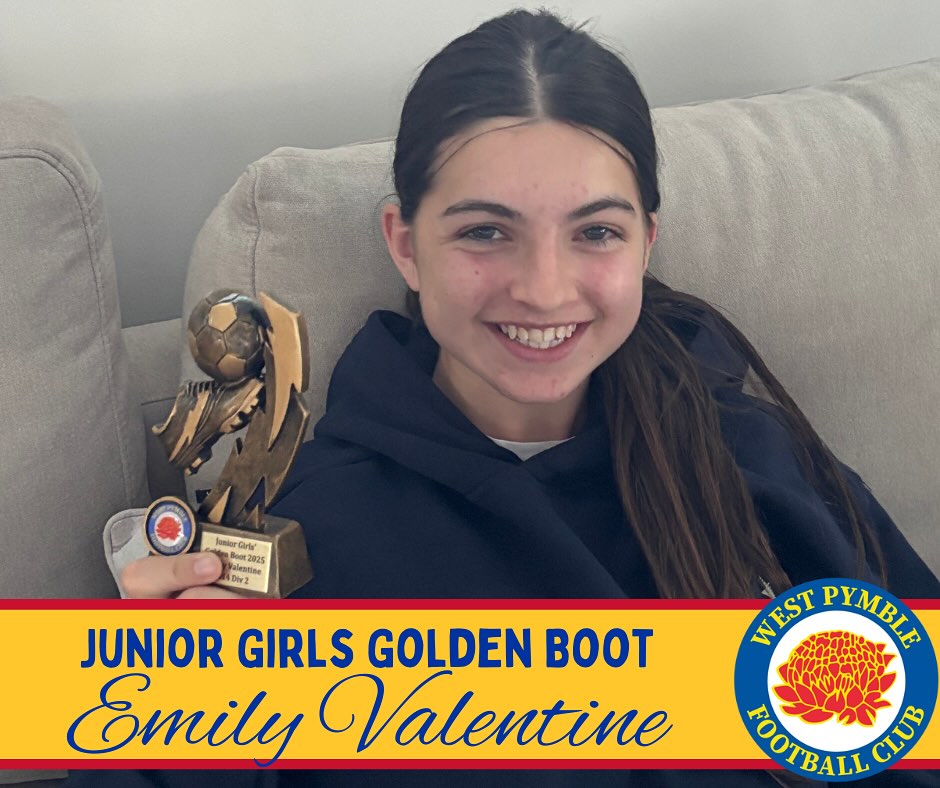 Emily Valentine, Junior Girls Golden Boot, 2025 💛💙
Golden Boot is a new award this year, all entries have been submitted by the team coaches to share details of the scoring success of the individuals in their team.
These details were then assessed and reviewed together to determine the top goal scorer for the main part of the season, as of the end of August.
This year, the first WPFC Junior Girls Golden Boot award was tied! We are thrilled to announce this winner is Emily Valentine from the G14 Div 2 team! 💛💙