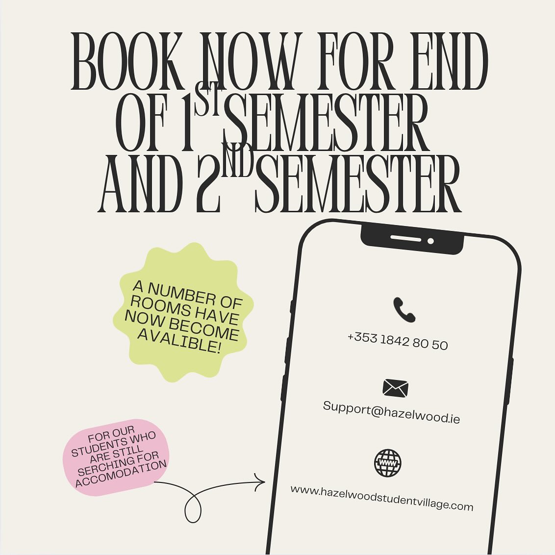 A number of last minute rooms have become available for the end of semester 1 and semester 2!!!
Email us at support@hazelwood.ie to get more information and book a room here with us at Hazelwood!!
#hazelwoodstudentvillage #studentaccommodation #dcu #collegestudent #unilife #northdublin