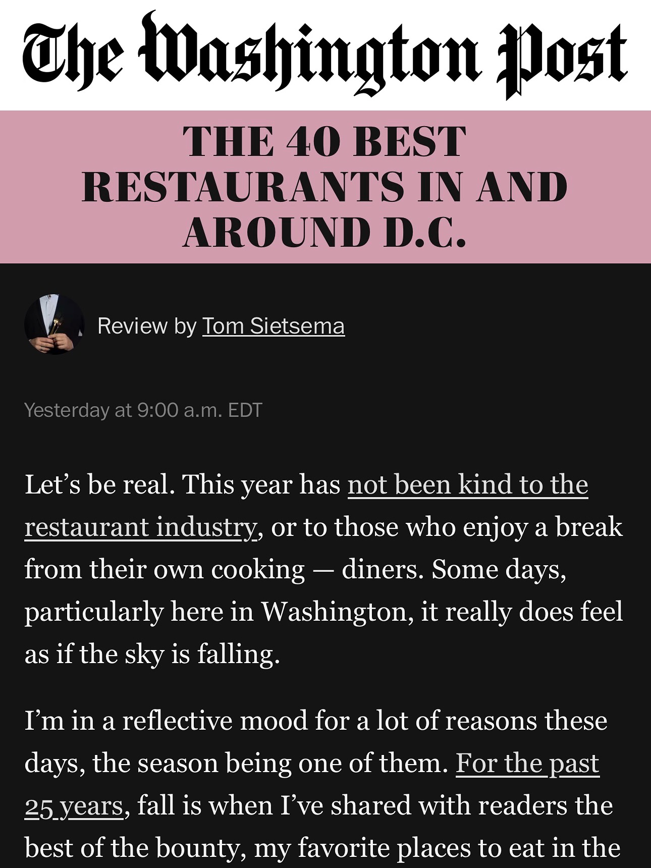 We’re thrilled to announce that Our Mom Eugenia has been named one of the top 40 restaurants in the region in the 2025 Washington Post Fall Dining Guide! This recognition holds particular significance as we are the only Greek restaurant to make the prestigious list.
Even more meaningful is that this marks renowned food critic Tom Sietsema’s final dining guide after an illustrious 25-year career with the Washington Post. We’re deeply honored to be part of this historic farewell edition.
As one of only two restaurants with multiple locations to receive this honor, this achievement reflects our commitment to maintaining exceptional quality and authentic Greek cuisine across all our establishments. This recognition belongs to everyone who has contributed to Our Mom Eugenia’s journey - from our dedicated kitchen staff to our attentive servers who bring the warm Greek hospitality experience to life every day.
We would not be where we are today without our incredible team whose passion, creativity, and dedication have made Our Mom Eugenia a standout culinary destination worthy of this recognition. Every dish served, every guest greeted, and every experience created has contributed to this milestone moment.
Most importantly, we want to express our heartfelt gratitude to you, our valued guests. Your continued patronage, support, and love for Greek cuisine have been instrumental in our success.
A special thank you goes out to the local Greek community and the Embassy of Greece for their unwavering trust in our authentic Greek cooking.
Thank you for being part of our story. We look forward to continuing to serve you and creating many more memorable dining experiences together.