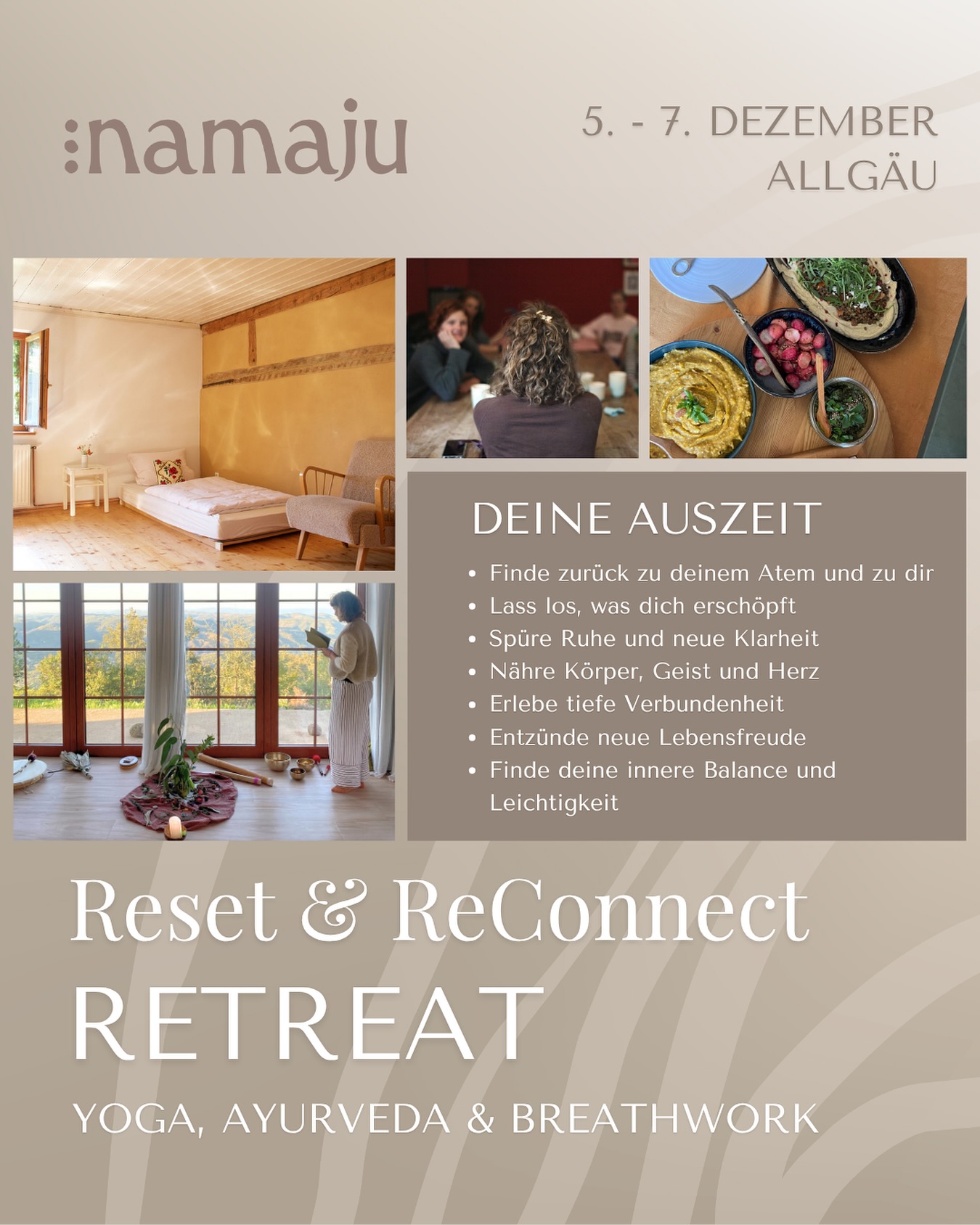 Warum dieses Retreat vom 5. -7. Dezember im Allgäu bei @stadtlandfreunde ?
➡️ DARUM:
Weil dein Atem dich zurück nach Hause bringt.
Du lernst, dich wieder zu spüren – jenseits von Gedanken, Erwartungen und To-dos.
Weil du spürst, dass du eine Pause brauchst.
Eine echte Auszeit, um Körper, Geist und Seele wieder in Einklang zu bringen.
Weil du loslassen möchtest, was dich schwer macht.
Alte Muster, Stress, innere Unruhe – all das darf sich sanft lösen.
Weil du dich nach Verbundenheit sehnst.
Mit dir selbst, mit anderen, mit der Natur – mit dem Leben an sich.
Weil du wieder fühlen willst, was dich lebendig macht.
Freude, Leichtigkeit, Wärme – all das, was vielleicht im Alltag verloren ging.
Weil du lernen möchtest, dich selbst zu halten.
Mit liebevollen Ritualen, Atem, Bewegung und Stille.
Weil du spüren willst, dass du genug bist.
Genau so, wie du bist – ohne etwas leisten zu müssen.
Weil du dich erinnern möchtest, wer du wirklich bist.
Hinter all den Rollen, Plänen und Erwartungen wartet deine Essenz – ruhig, klar, verbunden.
#allgäuretreat #breathworkdeutschland #coachingretreat #embodiment #somatics #körperarbeit #ayurvedaretreatdeutschland #ayurvedadeutschland