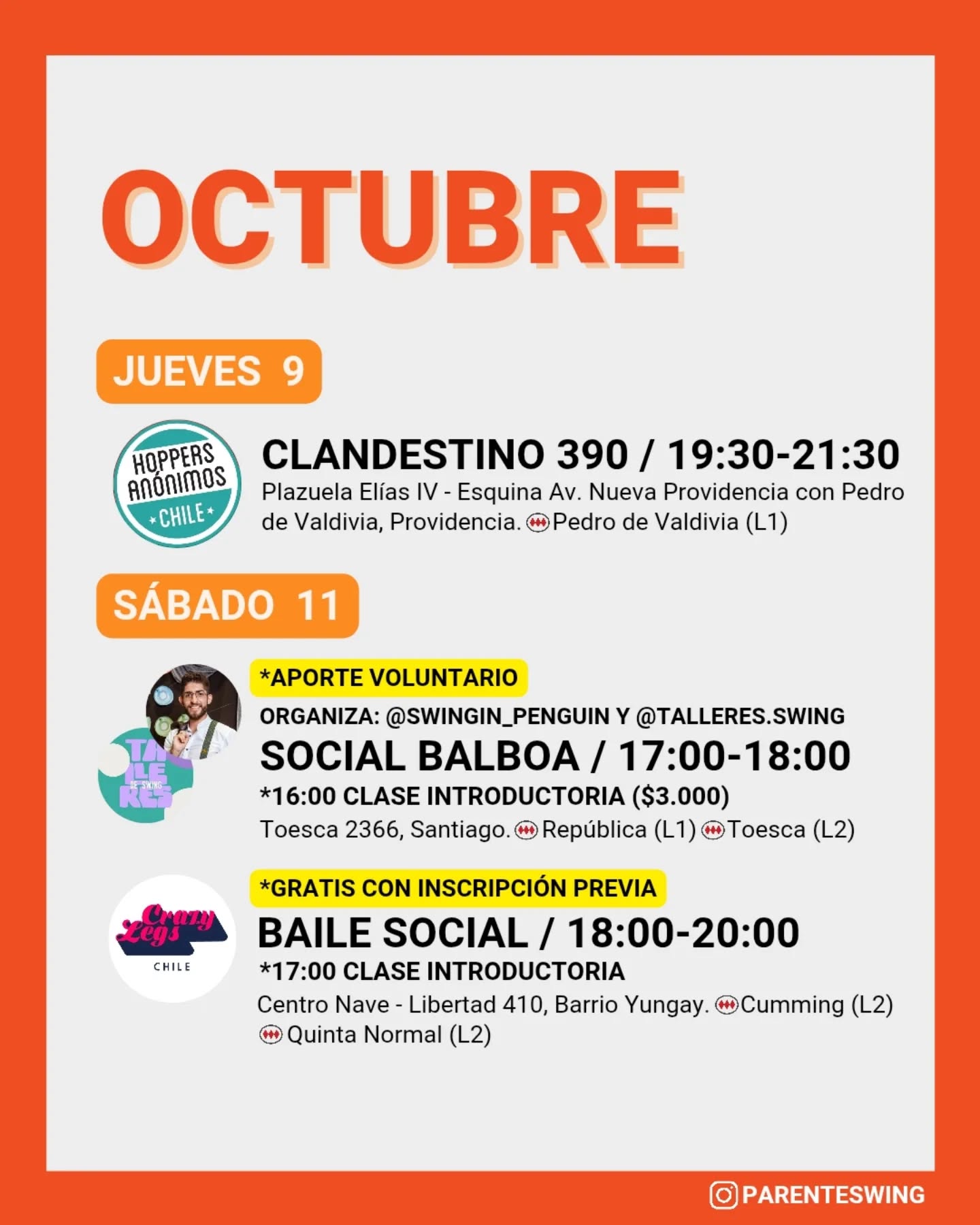 ✨Todos los eventos son gratuitos y abiertos a todo público, a menos que se indique valor de entrada 💸
‼️Cualquier modificación o nuevo evento en los comentarios👇🏻 y/o por historias 👆🏻
🤔 Qué es una Jam, Clandestino o Baile Social?
Una instancia donde fanáticos de los bailes swing (Lindy hop, Balboa, Shag, Solo jazz) se reunen a compartir, hacer comunidad y a la vez, practicar.
❌ Las actividades publicadas NO son instancias de clases para aprender a bailar, a menos que se indique “Taller” o “Clase Abierta”.
👀 Quieres aprender a bailar?
En nuestra historia destacada “CLASES” está toda la información y formularios de inscripción a los cursos del mes de las escuelas de bailes swing ✨
Nos vemos en la pista! 💃🏻🕺🏻🔥
#danzachile #lindyhopchile #swingchile #bailechile #eventoschile #danzasantiago #santiagodechile #panoramasgratis #swingdancechile #swingdancingchile #lindyhopperschile #panoramasgratis #panoramagratis #santiago