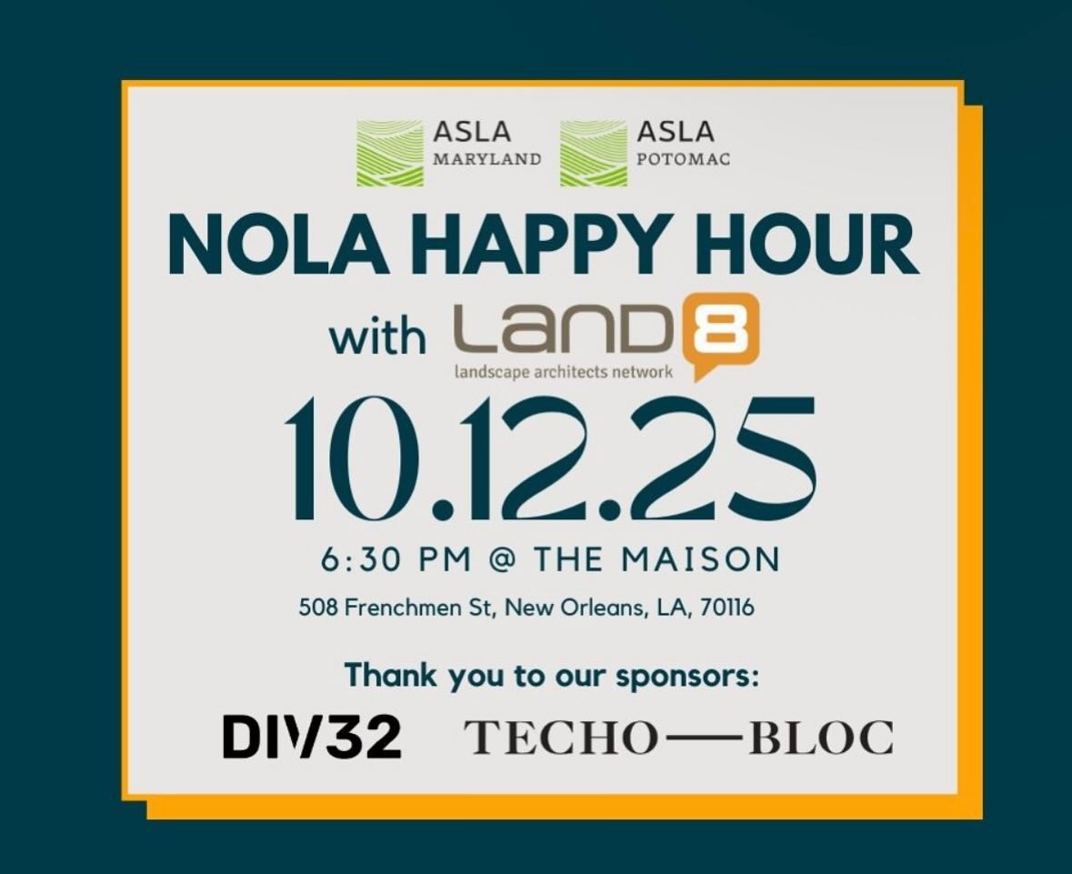 🎶Headed to NOLA for #ASLA2025? Don’t miss one of the conference’s best nights- join the MD+DC Chapter for a joint Happy Hour with Land8 at The Maison!
🗓️ Sunday, Oct. 12 @ 6:30 pm
🍸 Enjoy drinks, hits d’oeurvres, and early access to the legendary Land8 Happy Hour.
🎟️ Tickets are limited - grab yours before they’re gone! Link in bio
#MDASLA #PotomacASLA #Land8 #LandscapeArchitecture #NewOrleans #Networking #DesignCommunity
