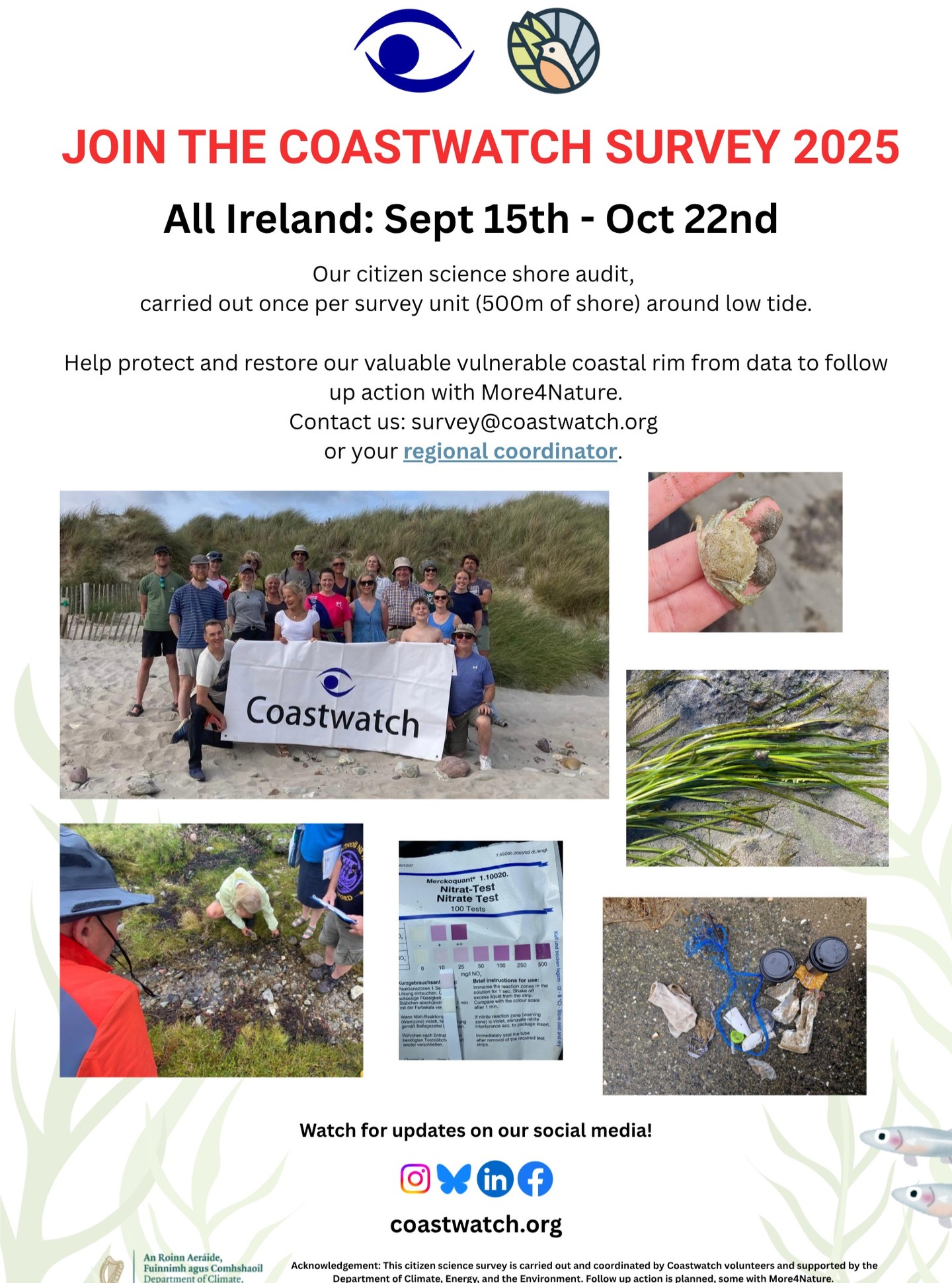 The Coastwatch Survey has officially been extended to October 22nd due to stormy conditions! We are so delighted to see so many units already booked around the coast! There has been amazing data entered over the last few weeks, but there are still quite a few gaps around the country! If schools, groups, or individuals could get out to the shore to fill in the blanks (especially along the west coast) that would be incredible! 🌊
There are some good tides coming up next week, and hopefully some calmer weather! 🌤️ Book your unit today! https://www.coastwatch.org/all-ireland-survey-autumn-2025
Cork: low tides around 1-3pm all week!
https://www.tide-forecast.com/locations/Cork/tides/latest
Kerry: low tides around 1-3pm all week! https://www.tideschart.com/Ireland/Munster/Kerry/Kerry-Head/
Clare: low tides around 1-3pm all week! https://www.tideschart.com/Ireland/Munster/Clare/Lahinch/
Galway: low tides around 1-3pm all week! https://theportofgalway.ie/galway-tide-times/
Mayo: low tides around 2-4pm all week! https://www.tide-forecast.com/locations/Westport/tides/latest
Sligo: low tides around 2-4pm all week! https://www.tidetime.org/europe/ireland/sligo.htm
Thank you again to all those who have contributed! Every unit counts! Please spread the word so that we can cover as much coast as possible! 🪼 🪸 🐚