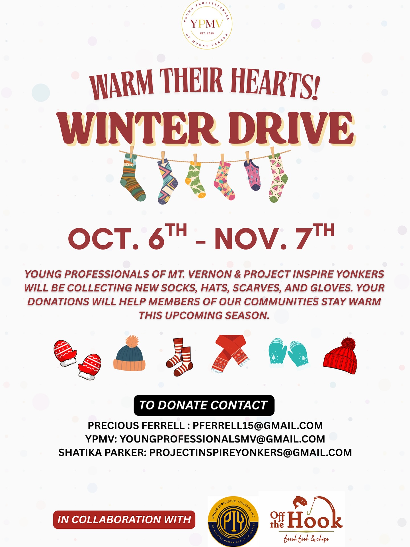 We are super excited to be partnering with the Young Professionals of MV @youngprofessionalsmv to provide cold winter accessories to those in need in the city of Yonkers. We are accepting donations for a full month! Please DM or send an email to the addresses listed on the flyer. We are also accepting monetary donations. DM, email or visit our website for more information. Thank you in advance!
Huge shoutout to @youngprofessionalsmv for thinking of us and @offthehookofyonkersny_ for coming together to bless those in need.
Let’s make this giveaway to the less fortunate one to remember! #InspireYonkers #PIY #ProjectInspireYonkers