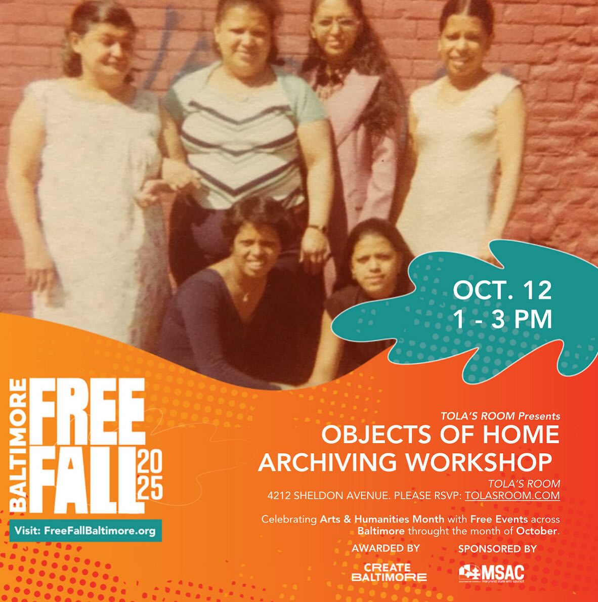 THIS SUNDAY, OCTOBER 12 🫶🏽
FREE FALL BALTIMORE: OBJECTS OF HOME ARCHIVING WORKSHOP @tolas_room | 1–3 PM
Explore the power of personal and cultural archives. Bring an object that holds meaning to you—family heirloom, keepsake, or everyday item—and document it through photography, storytelling, and reflection. Together we’ll build a living community archive. ✍🏽📷🗣️
Free with RSVP | Limited space | All materials provided | Bring an object
Visit our website for details & registration.
Hope to see you there! Xoxo.