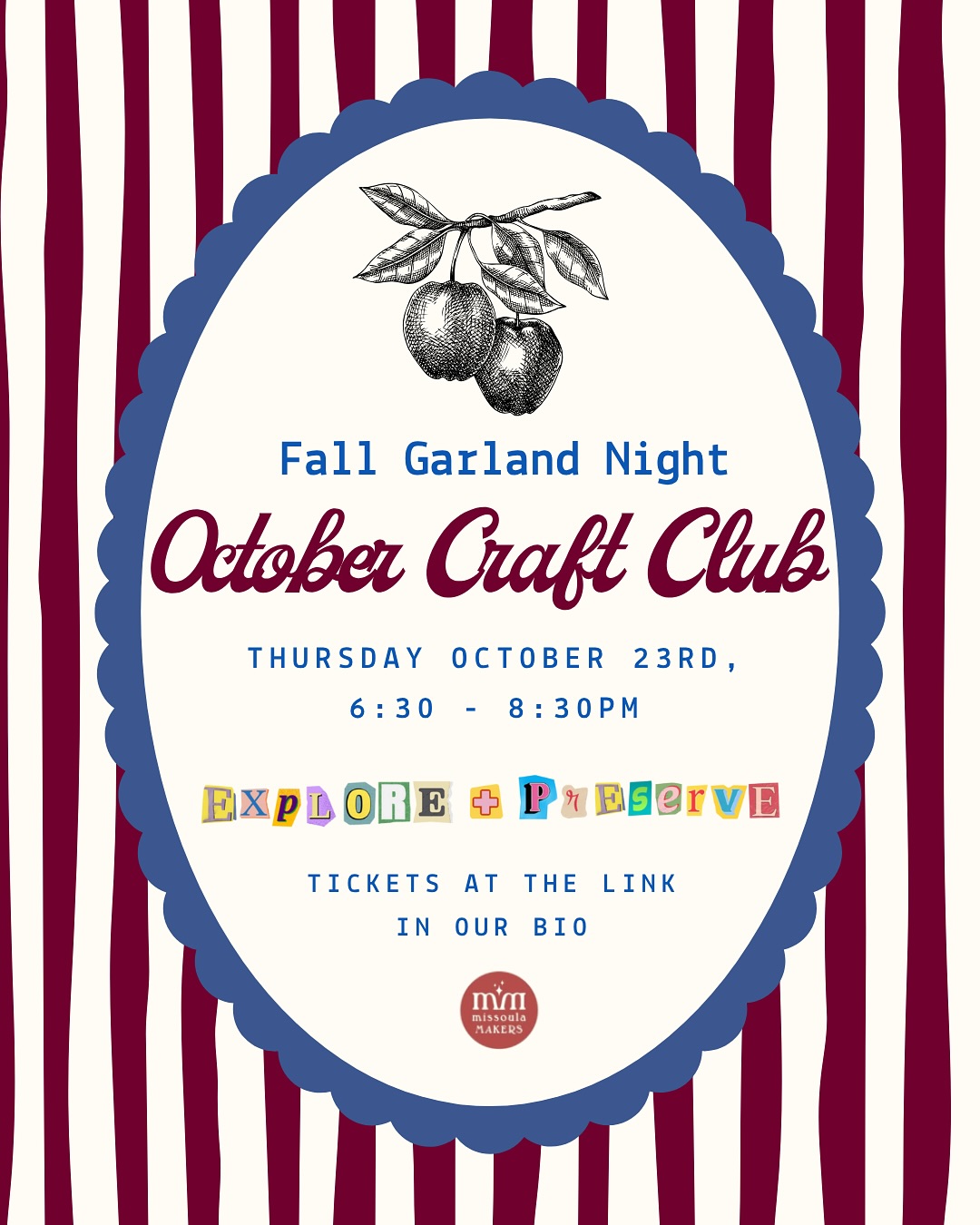 OCTOBER CRAFT CLUB🍁🪡
We are so excited to be hosting another Craft Club event in Missoula! This month we will be hosting at the @mslamakers space! We hope Craft Club will serve as a place for you to create community and be creative.
What You’ll Do:
$25 Fall Garland Kit – Come ready to play with fall textures and colors! We’ll provide everything you need to create your own seasonal garland—felt, autumn-toned papers, ribbons, beads, and more. Head to explorepluspreserve.com to get your ticket for our fall themed evening!
OR
FREE:As always we also have our bring your own craft section aswell. We do have limited space, so please head to the website and select the “BYOC ticket”(does not include drinks and snacks)
Sign up is at the link in our bio. A ticket is required for this event! DM me with any questions!!