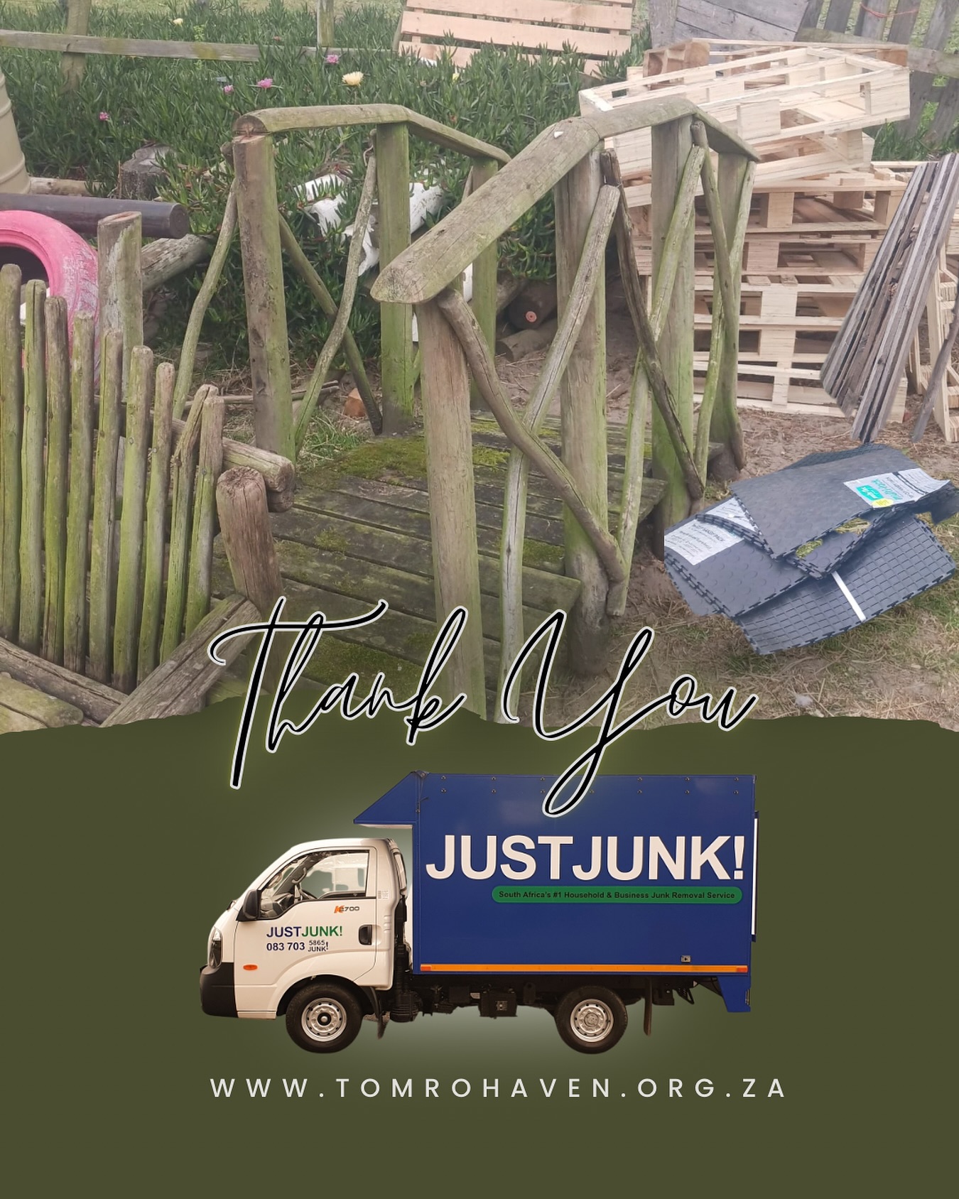 💚 A Huge Thank You to JUSTJUNK! 💚
We’re so grateful to Just Junk for their amazing donation and delivery this week — a bench, bridge, mats, pallets, door, and planks! 🙌
Your generosity helps us keep the Haven running smoothly and beautifully for our horses and visitors.
Since 2007, Just Junk has been clearing clutter with heart — recycling, upcycling, and donating wherever possible. Their team is professional, friendly, and always ready to go the extra mile. ♻️✨
👉 Support those who support us!
Visit www.just-junk.co.za to learn more about their reliable, eco-friendly removal services.
Thank you, Just Junk, for your continued kindness and community spirit! 🐴💚
#TomRoHaven #ThankYou #CommunitySupport #Recycling #EcoFriendly #SupportLocal #HorseRescue
