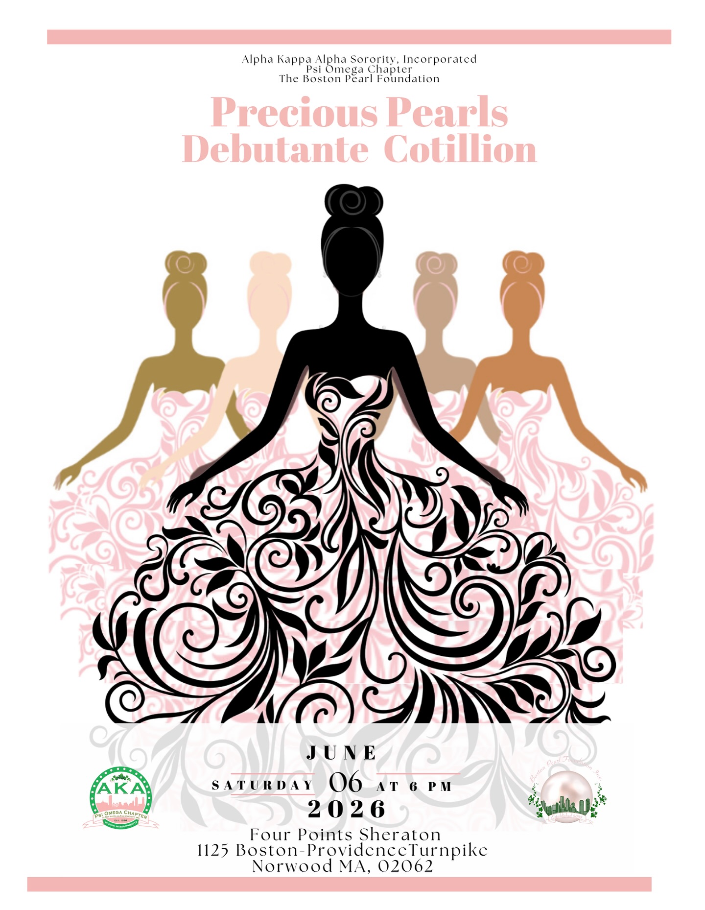 Save the date !!!
The Boston Pearl Foundation, Inc. and The Psi Omega Chapter of Alpha Kappa Alpha Sorority, Inc.’s will be hosting our Precious Pearls Debutante Cotillion on June 6th, 2026 at Four Points Sheraton. 1125 Boston-Providence Turnpike, Norwood Ma 02062. More details coming soon.