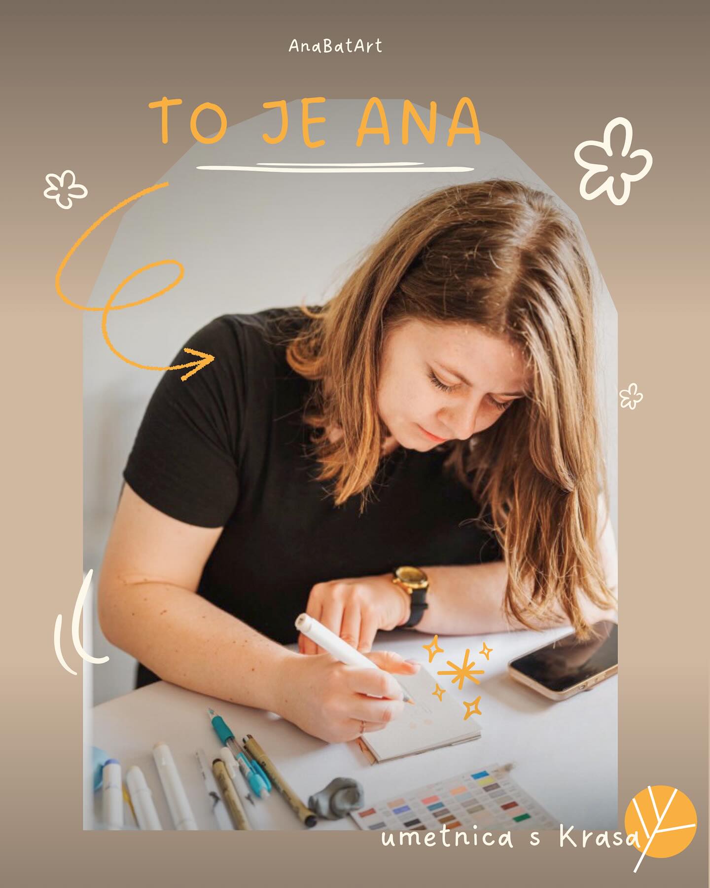 Ker je tukaj kar nekaj novih obrazov, je že skrajni čas, da naredim eno proper predstavitveno objavo ☺️✨
(Kot večina umetnikov bi se raje skrivala za svojimi deli, ampak se trudim objaviti tudi kako svojo fotko💪🏻✨)
Moje ime je Ana, in sem umetnica,
ker drugače ne gre ☺️ ✨
tudi če sem v času srednje šole poskušala to stran sebe malce skriti, I can’t escape it, je del mene🎨🖌️
Trenutno ilustriram in slikam na dogodkih v živo in vodim delavnice ob vinu 🥂
In ker smo že tukaj, par mini fun - random - facts about me:
✨ brez kave ne funkcioniram (team latte!)
✨ komarji nimajo šanse proti meni! 🤜🦟🫷
✨ ne maram matche 🫢 🍵 sorry guys
✨ vedno se smejim lastnim šalam (tudi ko drugim niso smešne 😅)
✨ rada imam vonj oljnih barv
✨mi na skoraj vsaki poroki uide solzica 💞
Si nova tukaj – ali pa mi že dolgo slediš? ☺️
Kaj te je pritegnilo, da mi slediš? ✨👯♀️
(Fotka @nika.and.grega ✨)