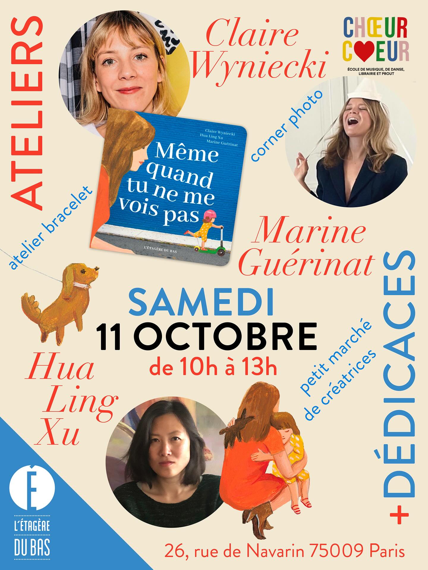 Nous vous donnons rendez-vous samedi matin de 10h à 13h à la librairie @choeurcoeur (Paris 9) pour découvrir « Même quand tu ne me vois pas » en avant-première, rencontrer les 3 créatrices et passer un moment créatif/festif. Au programme:
- séance de dédicaces
- corner photo
- atelier bracelet parents/enfants
- petit marché avec les créations de @hualing_xu et @marin.guerinat de @pomponcucu
Petits & grands, venez nous voir ! #letageredubas #albumjeunesse #memequandtunemevoispas #clairewyniecki #hualingxu #marineguerinat #lancementlivrejeunesse #choeurcoeur #paris9 #seancedededicaces #litteraturejeunesse #lienparentenfant