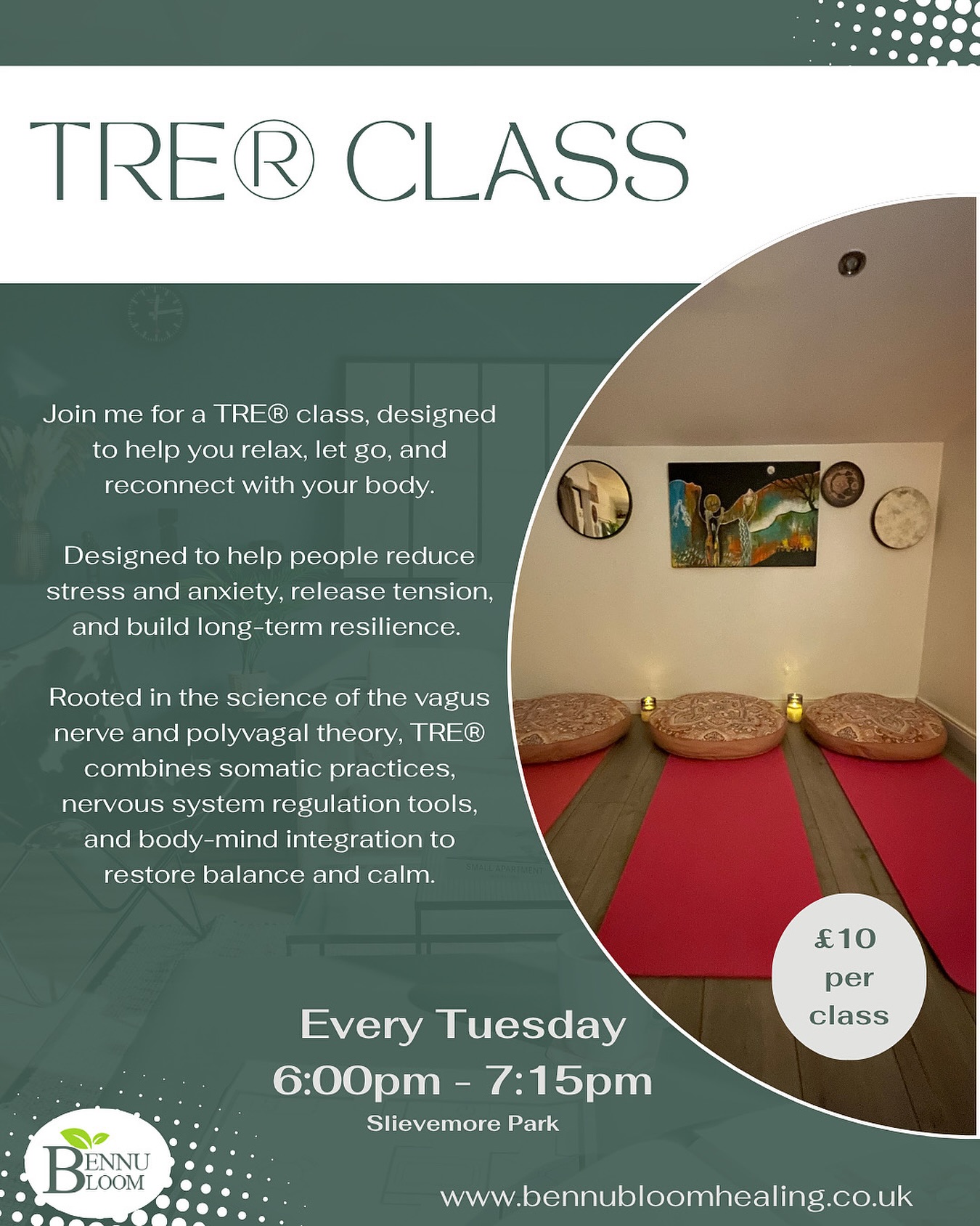 I have been asked to run TRE - Tension and Trauma Release Class on Saturday mornings
Looking to see if there is any interest?
Small group sessions Tuesday’s at 6pm in Slievemore Park, Derry
£10 per class or 5 for £40
TRE - Tension and Trauma Release Class on Saturday mornings?