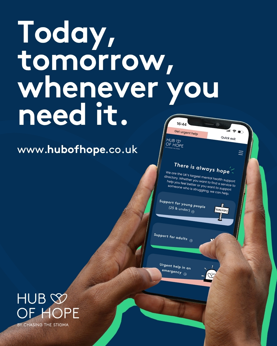 Tomorrow is #WorldMentalHealthDay. Since last WMHD, we've had nearly half a million visits to the Hub of Hope.
We're here to remind you that at Chasing the Stigma and on the Hub of Hope, we are here to help you find support, no matter the stage in your journey you are at, wherever and whenever is comfortable for you. 💚 There is no set timeline when it comes to your own mental health journey!
Tomorrows topics may be triggering or overwhelming, let this be your reminder that it is OK to switch off from social media. If you or somebody you know is struggling, you don't have to face it alone. The Hub of Hope is here to guide you to the support you need, wherever you are.
Mental Health awareness goes beyond just the day.
📲 Find mental health support near you with The Hub of Hope, visit our website or download for free on your smart device.
https://ow.ly/krMJ50X9aBf
#ChasingTheStigma #HubOfHope #WMHD #WMHD25 #MentalHealthSupport