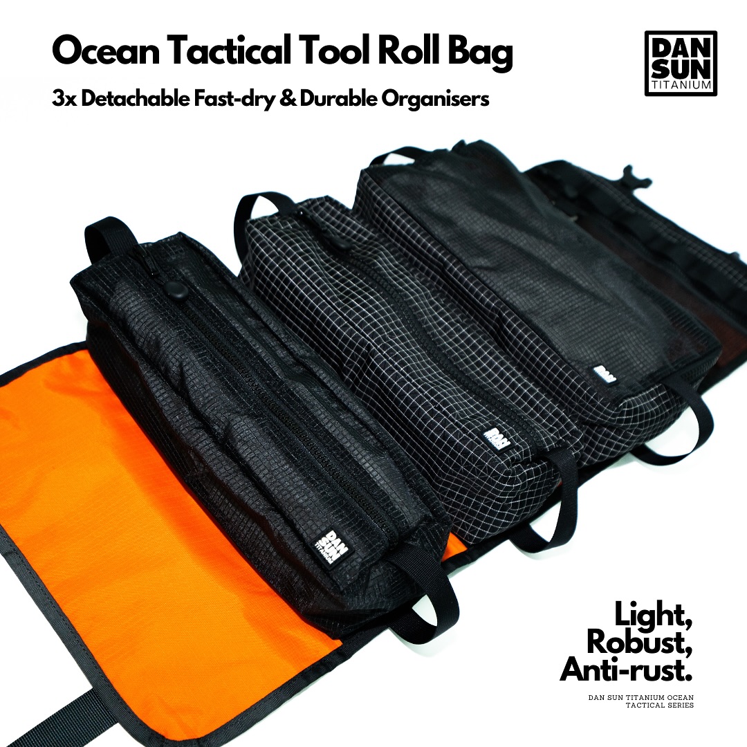The DAN SUN Ocean Tactical Pouch series is the only tactical pouch on the market that features Dyneema® Ripstop Fabric, YKK Plastic Zipper & Titanium D-ring, designed specifically to withstand saltwater and will never rust.
New Gen Ocean Tactical Tool Roll - Special Feature:
- Dyneema® Ripstop Fabric
- YKK VISLON® Molded Plastic Zipper
- Titanium D-ring
- 3x Detachable Fast-dry & Durable Organisers
- Velcro strap for exterior name tag (not incl.)
- Orange Nylon Inner Lining
- Weight: 440g
- Size: 30 x 68 cm (open)
Pre-order at dansuntitanium.com