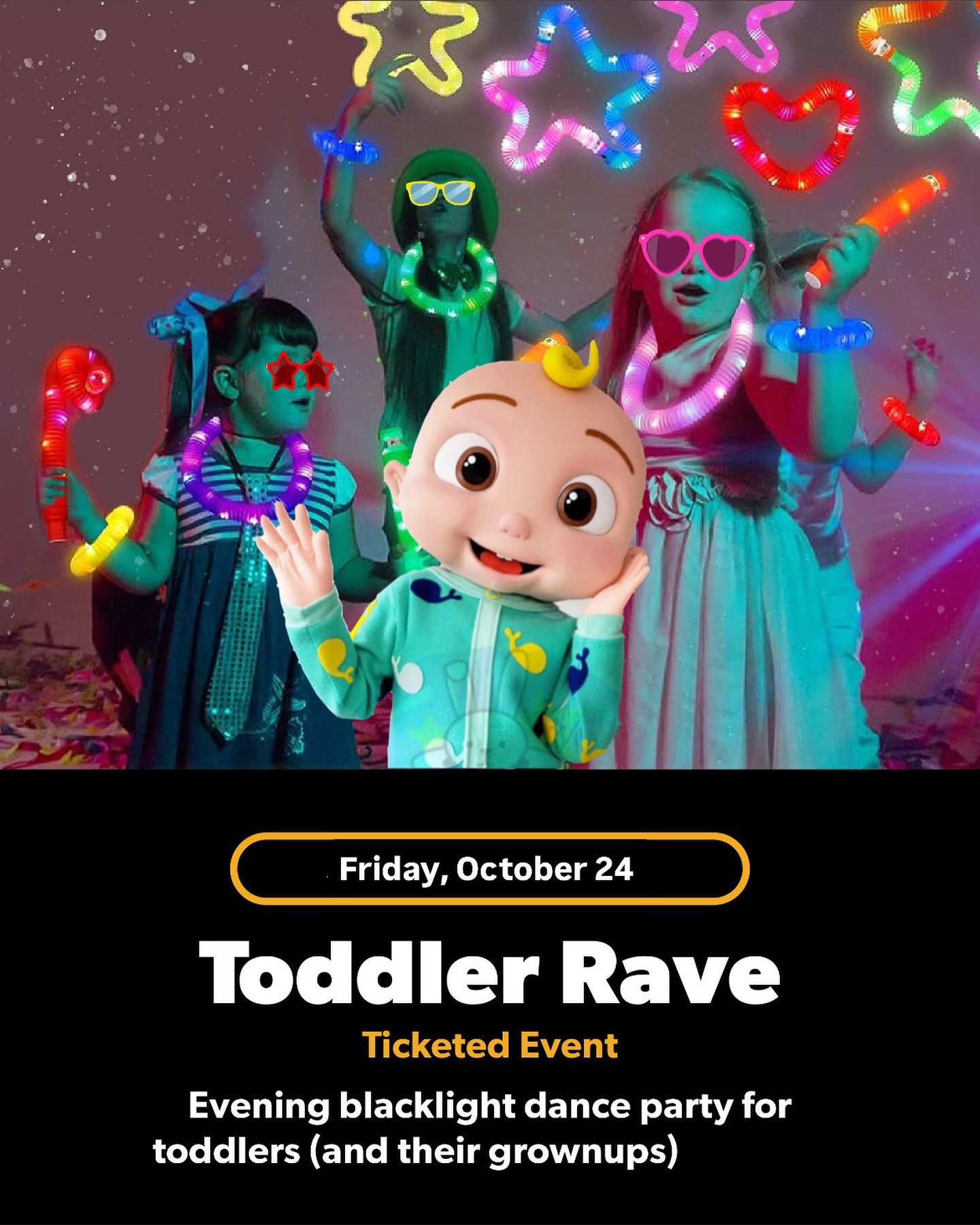 Registration opens 10/10/25 at 2:00pm.
Join us for a black light toddler dance party! We’ll play all of their favorite songs, and get out plenty of wiggles. Bring your little one’s in their pjs and let them light up the night at the play studio
- 2 hours of Open Play Time
- 30 min Character Appearance by JJ - Cocomelon
- Glow in the dark dance party
- Photo Opportunities
- Party Favor for each registered child
- All the hits - baby shark, freeze dance, bluey songs, etc
This is a ticketed event. Learn more at www.littleleafplaystudio.com/rave
