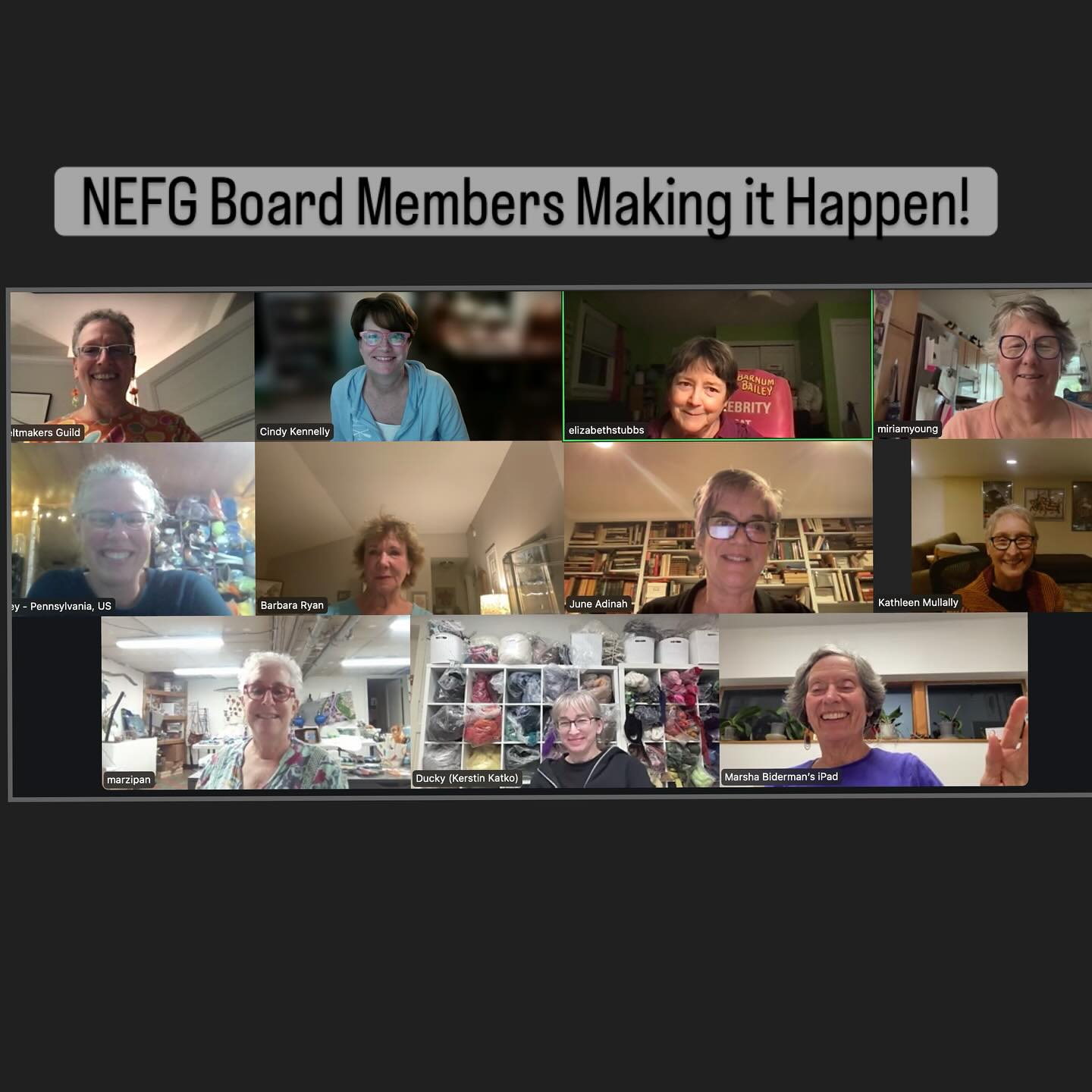 How does this all happen? Workshops, Retreats, Programs, Scholarships, Outreach, Demos, Education…it starts here with the NEFG Board Members. They meet once a month to ensure the magic happens!! And then the NEFG volunteers carry out these tasks bringing joy to all. Thank you volunteer NEFG board members and NEFG members!
@cindylkennelly
@elizstubbs
@ellensilberlicht
@feltedstones
@mullallykathleen
@curly.n.crafty
@telafelt
@duckys_sheep_shack
@barbarajonesryan