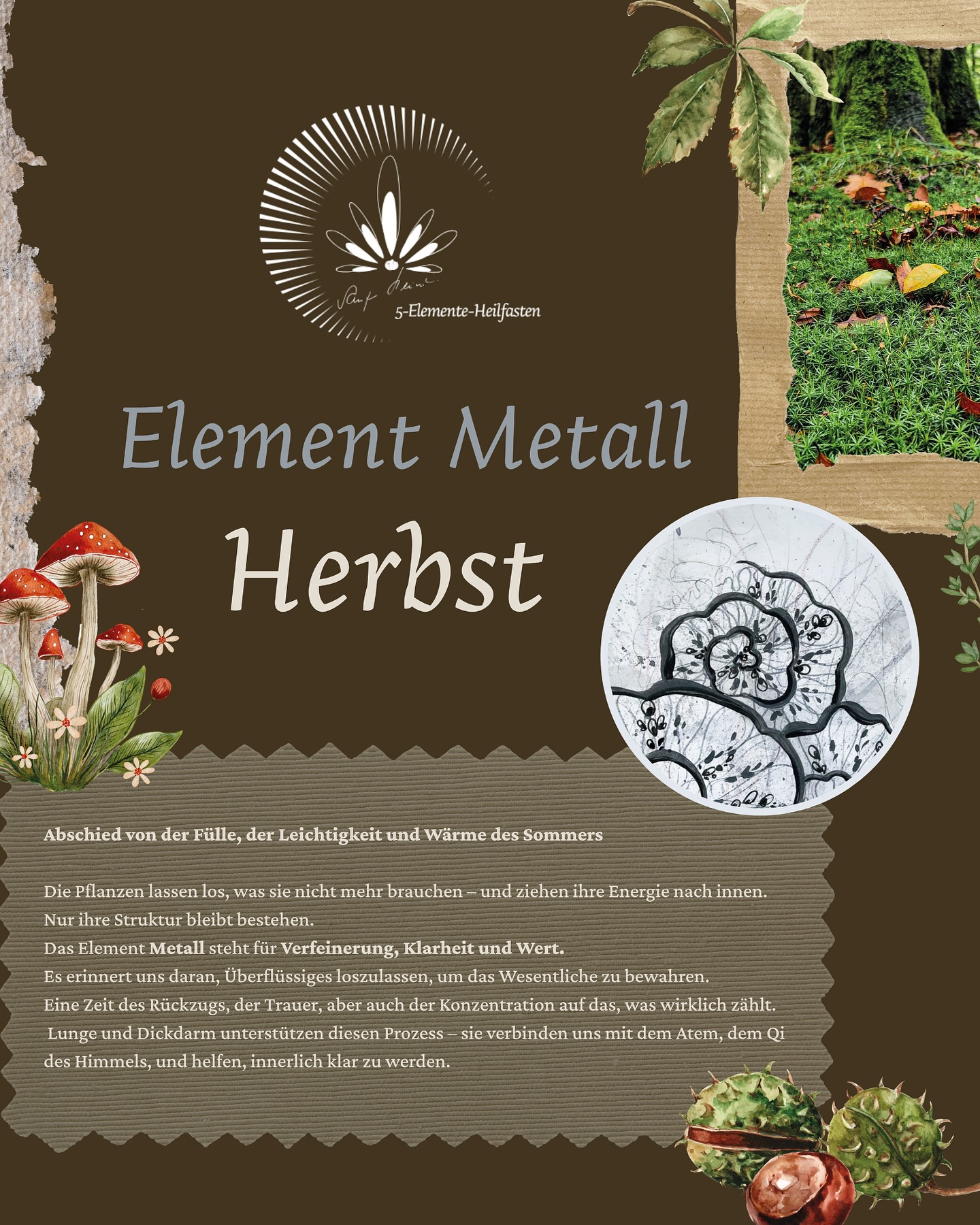 Willkommen im Element Metall. 🤍
Jahreszeit: Herbst – die Zeit des Loslassens.
Der Abschied von der Fülle, vom Lebendigen, von der Leichtigkeit und Wärme des Sommers.
Die Natur zeigt uns, wie es geht:
Sie lässt alles Überflüssige fallen, zieht ihre Energie nach innen zurück – und konzentriert sich auf das Wesentliche. 🌬️
Das Element Metall steht für Veredelung, Klarheit und Wert.
Für den Prozess des Verdichtens, des Feinschliffs – im Außen wie im Inneren.
Jetzt ist die Zeit, innezuhalten, durchzuatmen und loszulassen.
Deine Lunge und dein Darm lieben in dieser Phase:
🫁 bewusste Atemübungen
💧 lauwarmes Wasser am Morgen
🌿 eine regelmäßige Darmentleerung
✨ Bist du bereit für deine Fasten-Auszeit?
👉 Alle Infos findest du auf www.5-elemente-heilfasten.de
#ElementeFasten
#5ElementeHeilfasten
#VitaleumResort
#ElementMetall
#Herbst
#AuszeitfürKörperundGeist