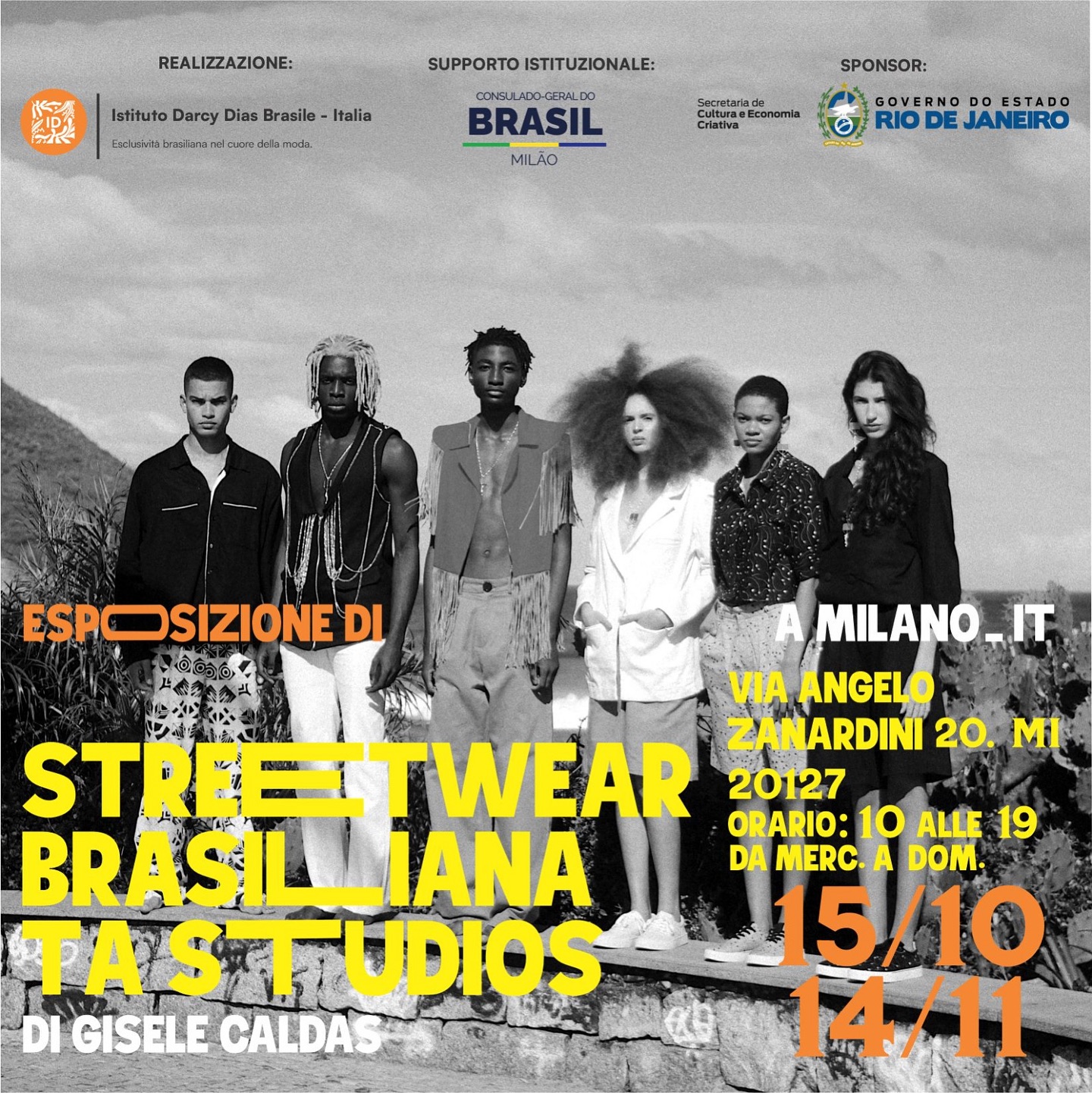 Un’esperienza inedita che porta l’energia del Brasile nel cuore della moda italiana.
L’Esposizione Streetwear Brasiliana TA Studios, firmata dalla stilista carioca Gi Caldas, mette in evidenza una moda che nasce dalla strada, dialoga con il lifestyle carioca e traduce la pluralità culturale del Brasile per il mondo, dal 15 ottobre al 10 novembre 2025.
Su invito di Darcy Dias, curatrice dell’Istituto Darcy Dias Brasile Italia, il brand presenta una visione inedita dello streetwear brasiliano nel cuore di Milano.
Le fotografie sono di Igor Rafael Saavedra, con sponsor della Segreteria alla Cultura e all’Economia Creativa di Rio de Janeiro e il sostegno istituzionale del Consolato del Brasile a Milano.
Luogo: Via Angelo Zanardini, 20 MI
Date: dal 15/10 al 14/11/2025
Orari: dalle 10:00 alle 19:00 –
da mercoledì a domenica
Per maggiori informazioni (Milano – IT):
contatto@iddbi.com.br
Raccolta fondi : @remarquesriodejaneiro 
Produzione esecutiva : @faveladx 
___________________________________ 
Uma experiência inédita que coloca a energia do Brasil no coração da moda mundial.
A Esposizione Streetwear Brasiliana TA Studios, da carioca @gicaldasrj ,  coloca em evidência uma moda que nasce nas ruas, dialoga com o lifestyle carioca e traduz a pluralidade cultural do país para o mundo, de 15 de outubro a 10 de novembro de 2025.
A convite de @ddarcydias , curadora do Istituto Darcy Dias Brasile  Italia, a marca apresenta, um recorte inédito do streetwear brasileiro no coração de Milão. @idarcydiasbrasileitalia 
A fotografia é de @igurafa , com patrocínio da Secretaria de Cultura e Economia Criativa do Rio de Janeiro @sececrj e apoio institucional do Consulado Brasil - Milão @consuladobrasilmilao 
Local: Via Angelo Zanardini, 20.
Data: 15/10 a 14/11/2025
⏰ Horário: 10h às 19h – 
quarta a domingo
Mais informações Milão-IT:
contatto@iddbi.com.br
Captação de recursos: Renata Marques
Produção executiva: Yafe Di Napoli.