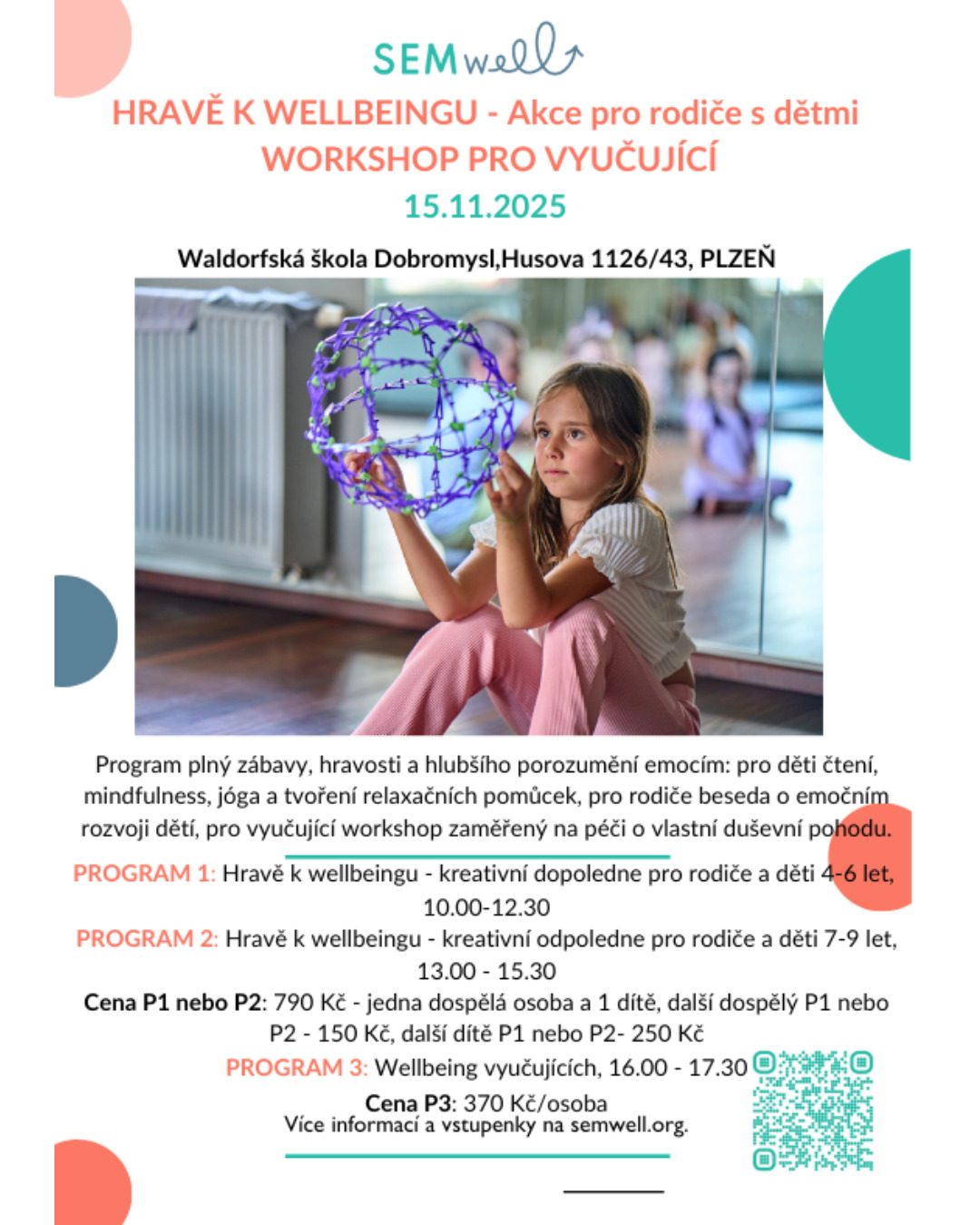 🧘♀️ Hravě k wellbeingu v Plzni!
Den plný radosti, pohybu, mindfulness a tvoření 🌈
👨👩👧 Rodiče + děti (4–9 let): čtení, jóga, relaxační pomůcky
👩🏫 Učitelé: workshop o péči o duševní pohodu
📍 15. 11. 2025 | Waldorfská škola Dobromysl, Plzeň
🎟️ Kapacita omezená – vstupenky na: https://www.semwell.org/udalosti/akcehrav%C4%9Bkwellbeingu
💚 Zastavte se, dýchejte, tvořte, buďte spolu.
#semwell #wellbeing #mindfulness #plzen #ucitele #rodice #deti #spolu #vdecnost #radost