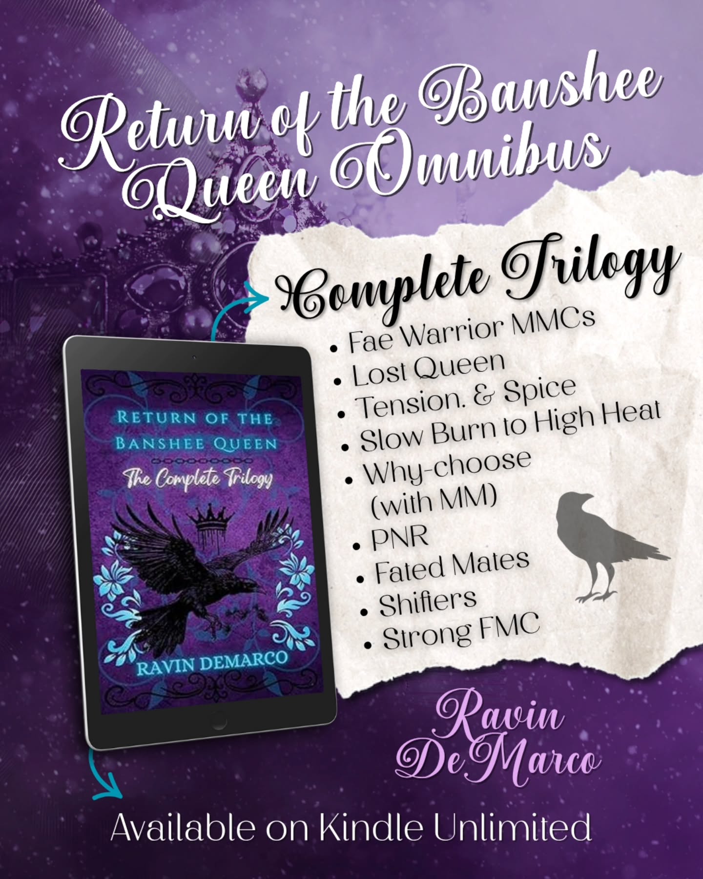 ๐ Return of the Banshee Queen ๐
โข Complete Trilogy Omnibus โข
by @ravindemarco
๐
จ Strong FMC
โ Fae Warrior MMCs
๐
จ Lost Queen
โ Tension. Spice, & Everything Nice
๐
จ includes MM
โ Slow Burn (book one) to High Heat
๐
จ Why Choose
โ PNR
๐
จ Fated Mates
โ Shifters
๐
จ Leading a life of mystery isnโt as alluring when the secret youโre trying to uncover is ๐ฌ๐๐ค ๐ฎ๐ค๐ช ๐ง๐๐๐ก๐ก๐ฎ ๐๐ง๐. When I turn twenty five, my life gets even more eventful as Iโm plagued by visions, nightmares, strange reflections, and ๐จ๐ค ๐ข๐ช๐๐ ๐จ๐๐ง๐๐๐ข๐๐ฃ๐.
โ After a tragedy, I search out the truth back where it all began, the place I was found as a baby. What I find is a ๐จ๐๐๐ง๐๐ฉ ๐ง๐๐๐ก๐ข of magic, mystery, shifters, and sovereigns. Four Fae Warriors claim Iโm their ๐ก๐ค๐จ๐ฉ ๐๐ช๐๐๐ฃโฆand their ๐๐๐ฉ๐๐ ๐ข๐๐ฉ๐.
๐
จ I wasnโt expecting a welcome home parade when I followed these men back, but landing in my own ๐๐ช๐ฃ๐๐๐ค๐ฃ wasnโt on my bingo card for this year. Neither was finding out I have another fated mate.
โ Discovering Iโm a ๐๐๐ฃ๐จ๐๐๐ was icing on the (birthday) cake. Embracing that side of me is much harder than I thought it would be. Can I pull it off, can I ๐จ๐๐ซ๐ the people who have come to mean so much to me, or will I ๐ก๐ค๐จ๐ ๐๐ฉ ๐๐ก๐ก?
๐ฆโโฌ Available on Kindle Unlimited
#ravindemarco #thebansheeschains #theravenscall #thequeensreign #returnofthebansheequeen #strongfmc #MM #shifters #spicyreads #pnr #fatedmates #kindleunlimited #faeromance