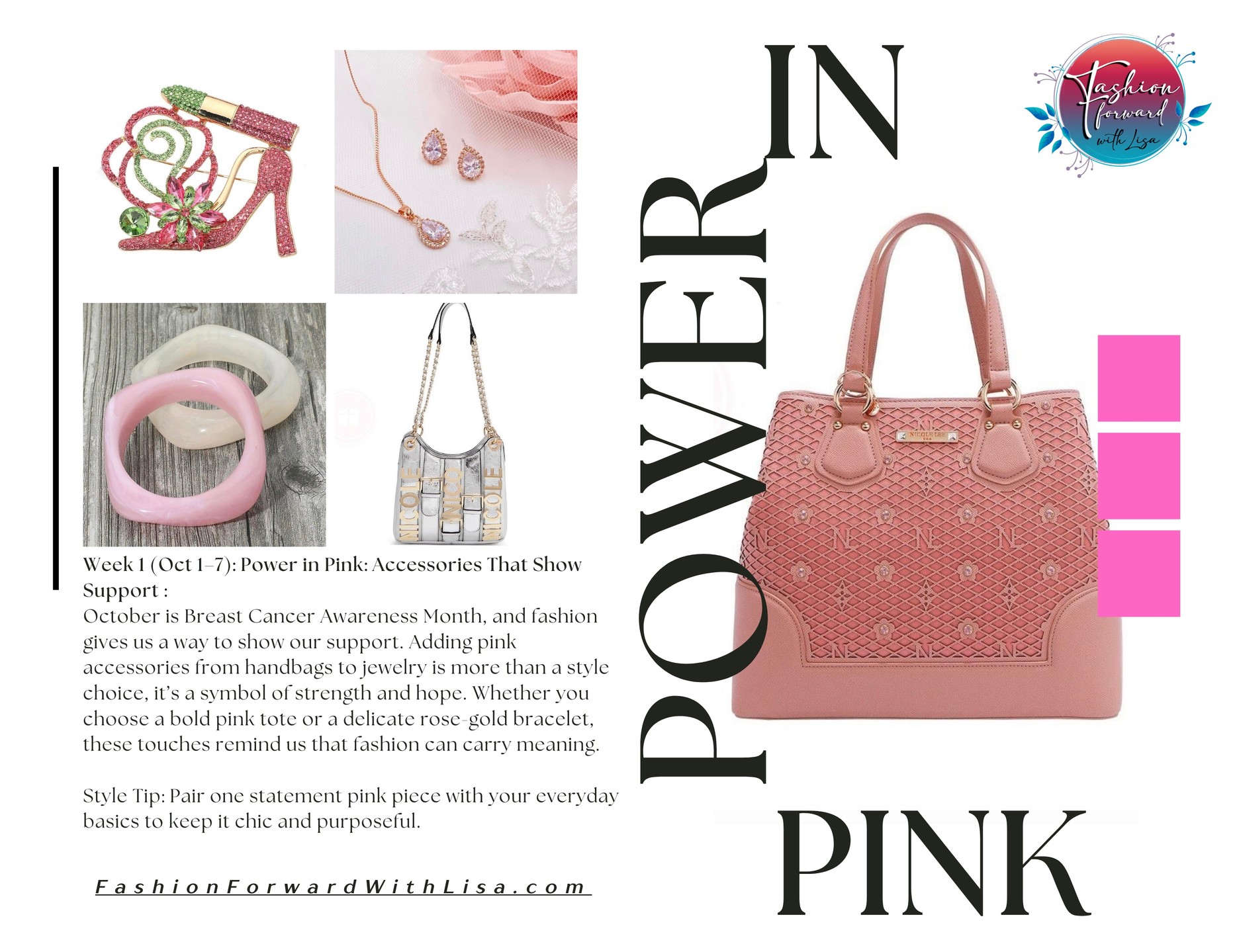 Blog Alert: Check it out right here:
https://www.fashionforwardwithlisa.com/post/power-in-pink
Power In Pink :
Week 1 (Oct 1–7): Power in Pink: Accessories That Show Support :
October is Breast Cancer Awareness Month, and fashion gives us a way to show our support. Adding pink accessories from handbags to jewelry is more than a style choice, it’s a symbol of strength and hope. Whether you choose a bold pink tote or a delicate rose-gold bracelet, these touches remind us that fashion can carry meaning.
Style Tip: Pair one statement pink piece with your everyday basics to keep it chic and purposeful.
visit us online at:
FashionForwardWithLisa.com
and check out our 5 star reviews on google.
#fashion #FashionTrends #fashionstyle #smallbusiness #smallbusinessowners #longisland #suffolkcountyny #nassaucountyny #FashionForward #FashionFinds #clothing #handbags #lakegrove #smallshopsdreambig #womensaccessories #jewelry #shopnow
#womensclothing #womensclothingstore
#shopping #shoppingonline